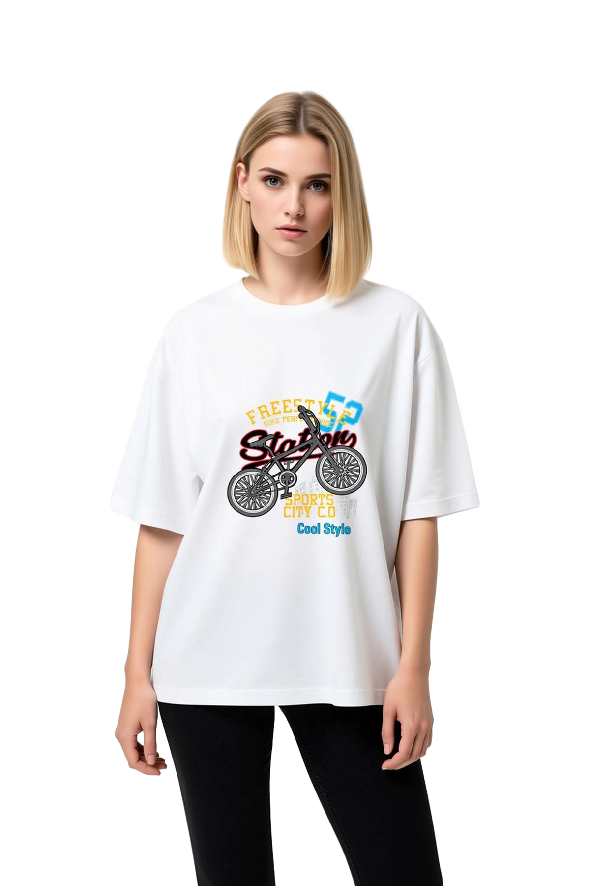 Kadın Oversize Bisiklet Baskılı Tişört Freestyle Spor Tasarımı Renkli Dijital Baskı Günlük Rahat