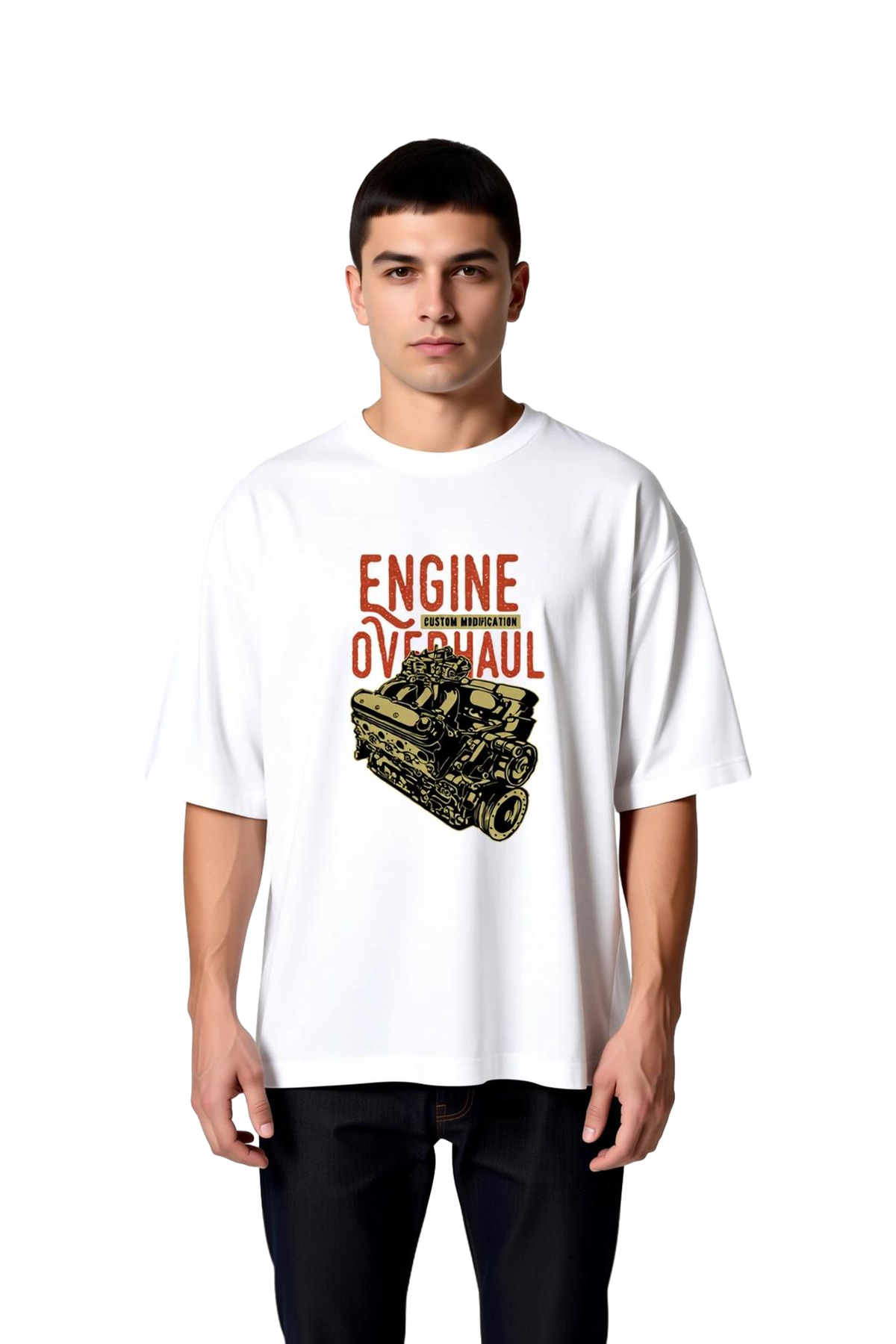 Erkek Oversize Motor Revizyonu Özel Modifikasyon Baskılı Tişört Teknik Grafik Günlük Rahat Modern