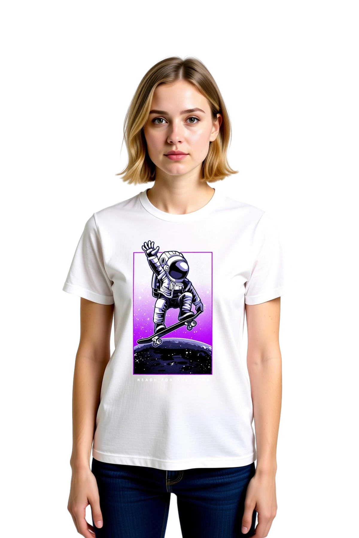 Kadın Astronot Kaykay Baskılı Tişört Uzay Temalı Grafik Desen Kısa Kollu Yuvarlak Yaka Rahat Kesim