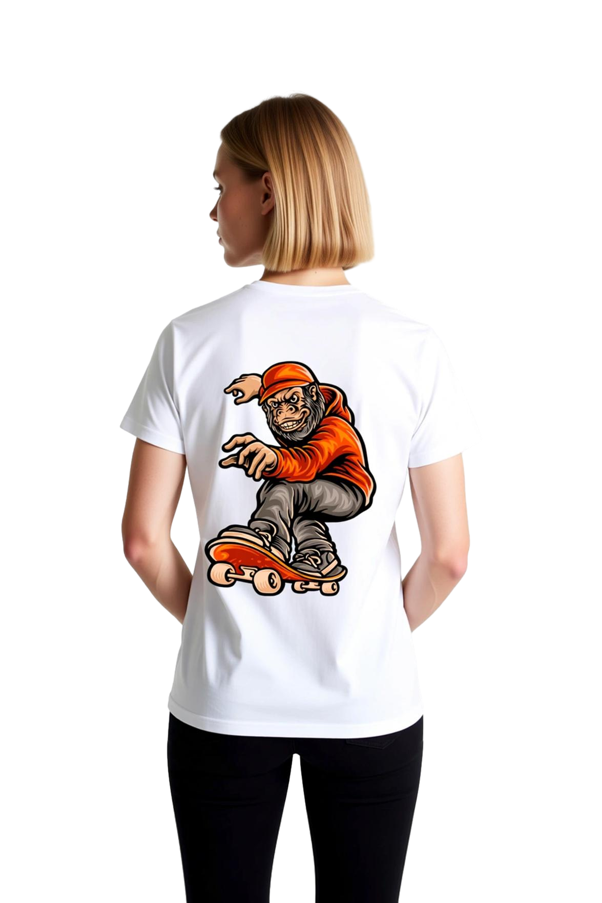 Kırmızı Kızak Giymiş Gorilla Skateboarding Baskılı Kadın Tişört