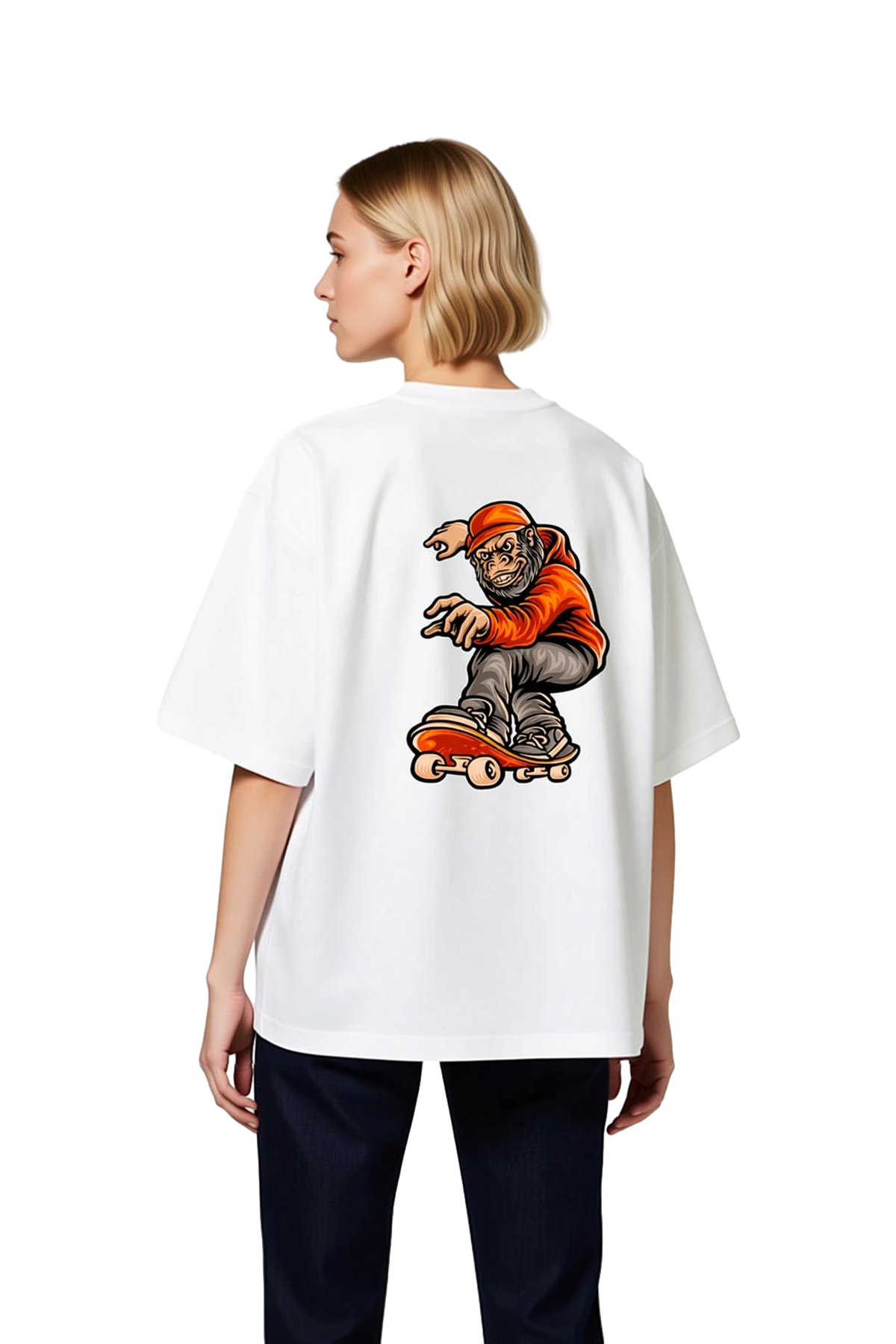 Kırmızı Kızak Giymiş Gorilla Skateboarding Baskılı Kadın Oversize Tişört