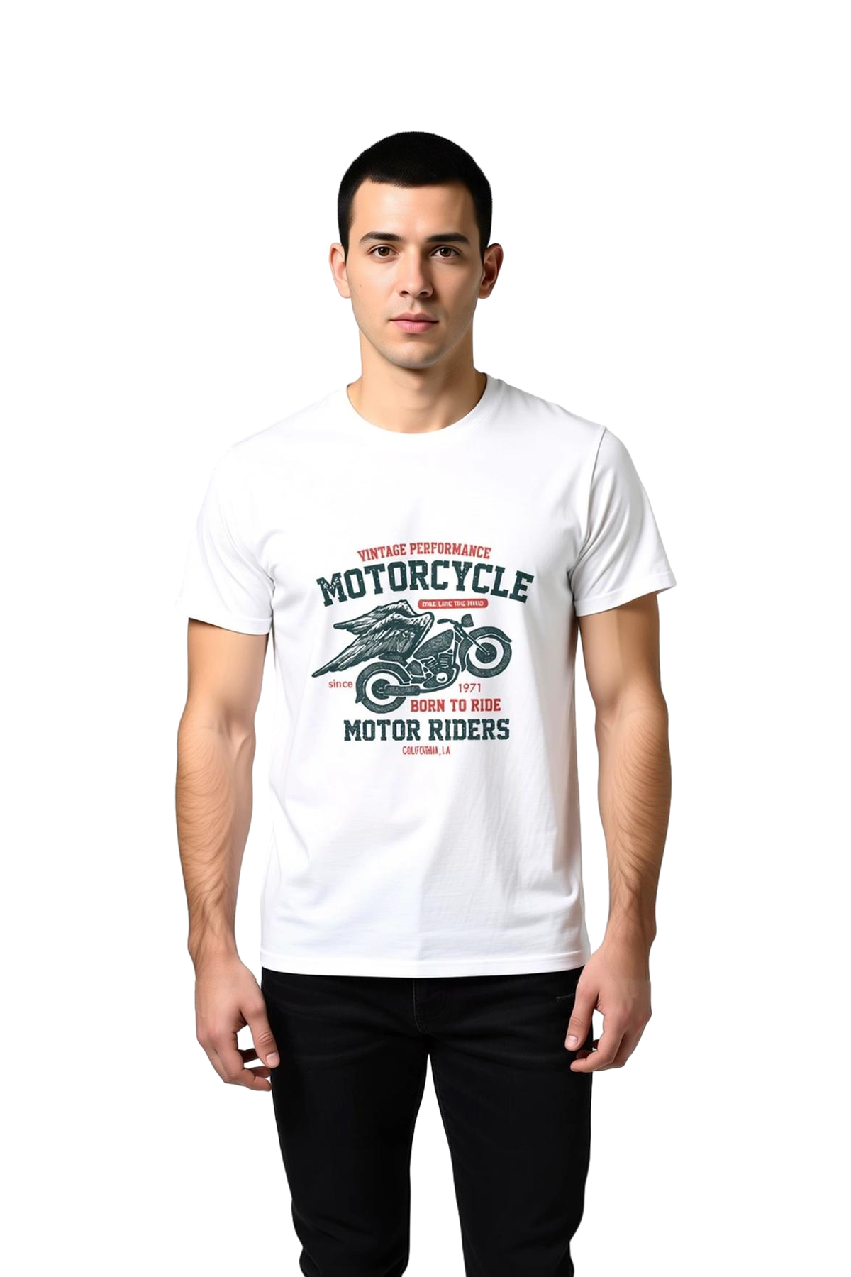 Erkek Vintage Motosiklet Baskılı Tişört %100 Pamuk Rahat Kesim Günlük Giyim Kanat Motif Modern Şık