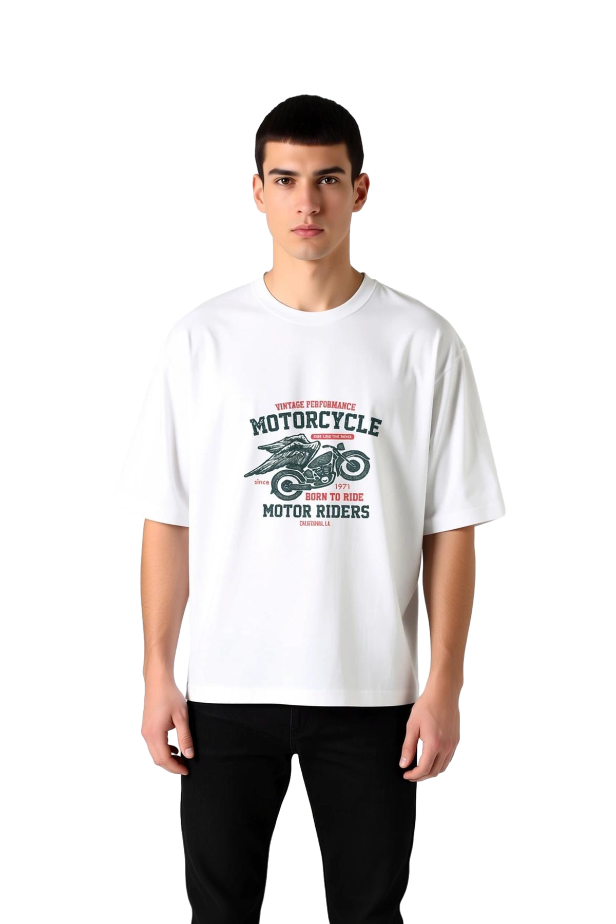 Erkek Oversize Motosiklet Baskılı Tişört %100 Pamuk Vintage Stil Rahat Kesim Günlük Giyim Modern