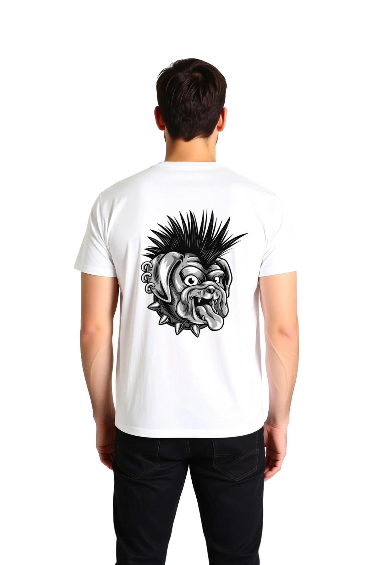 Erkek Punk Bulldog Çivili Tasma İroquois Saçlı Baskılı Tişört %100 Pamuk Rahat Kesim Günlük Modern