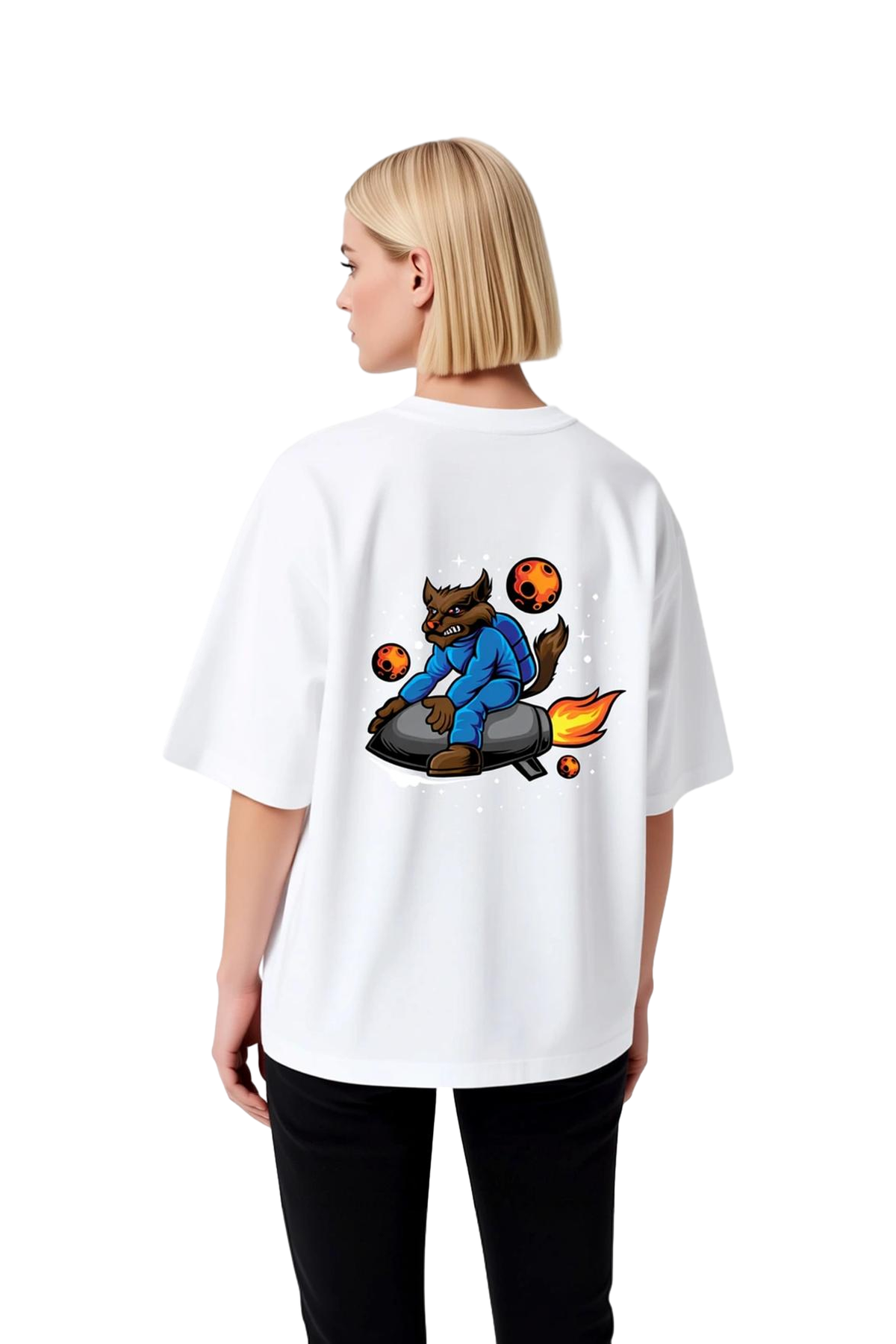 Mavi Takımlı Kedi Roket Sürücüsü Baskılı Kadın Oversize Tişört