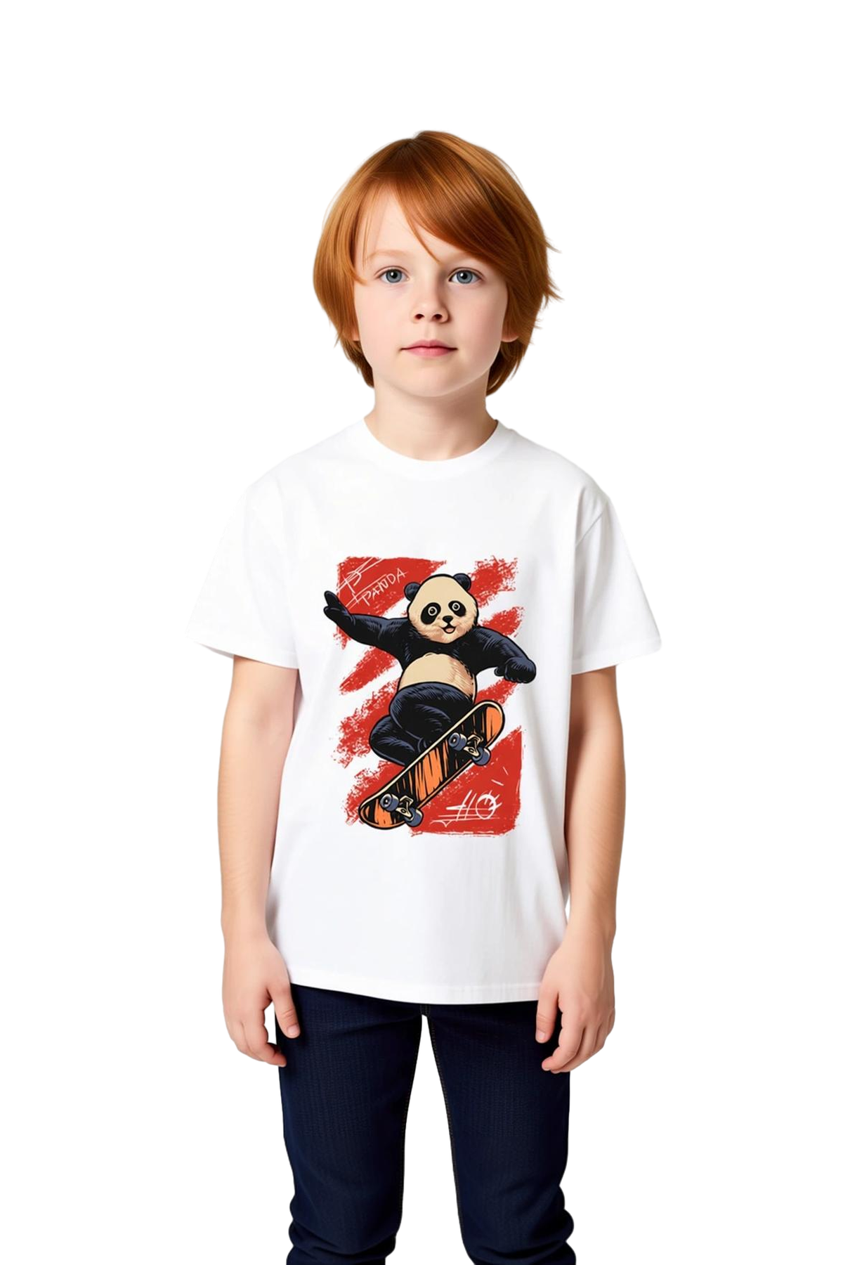 Erkek Çocuk Kaykay Sporcu Panda Baskılı Kısa Kollu Rahat Kesim Pamuklu Tişört Günlük Modern Şık