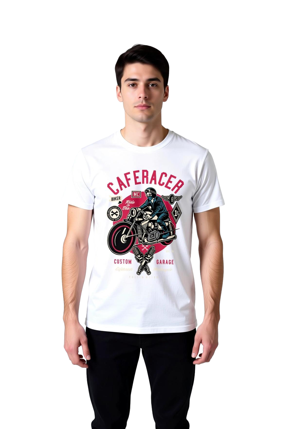 Erkek Motorsiklet Kültürü Baskılı Tişört Kaferacer Biker Tasarımı Rahat Kesim Günlük Modern Şık