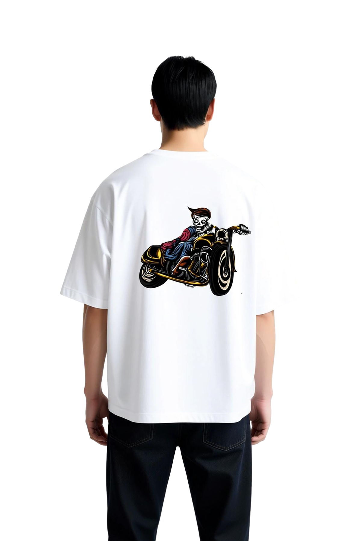 Erkek Oversize Tişört Vintage Motosiklet Baskısı Altın Detaylı Grafik Baskı Rahat Kesim Günlük Şık