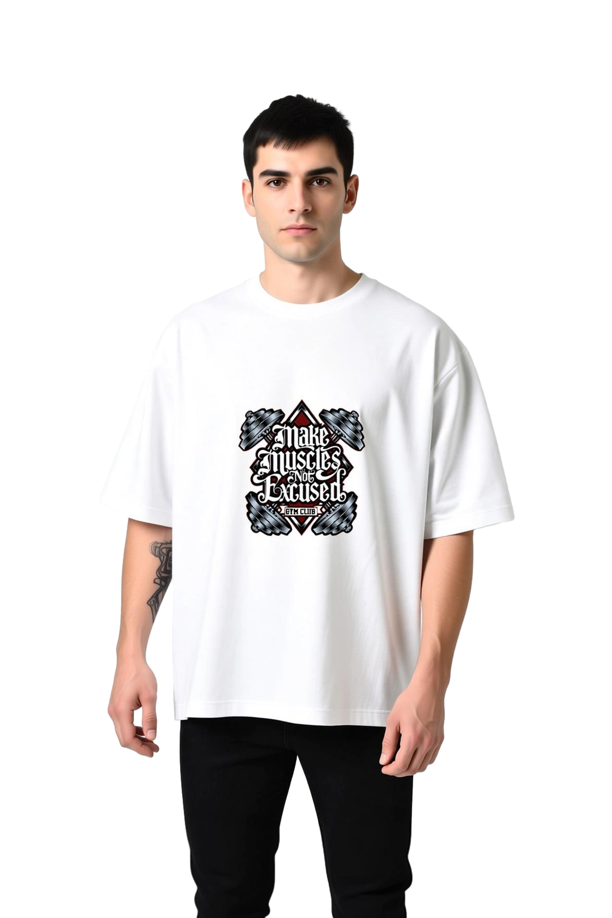 Erkek Oversize Tişört Kas Yap Bahane Değil Baskılı Gym Motivasyon Grafik Konforlu Günlük Rahat Şık