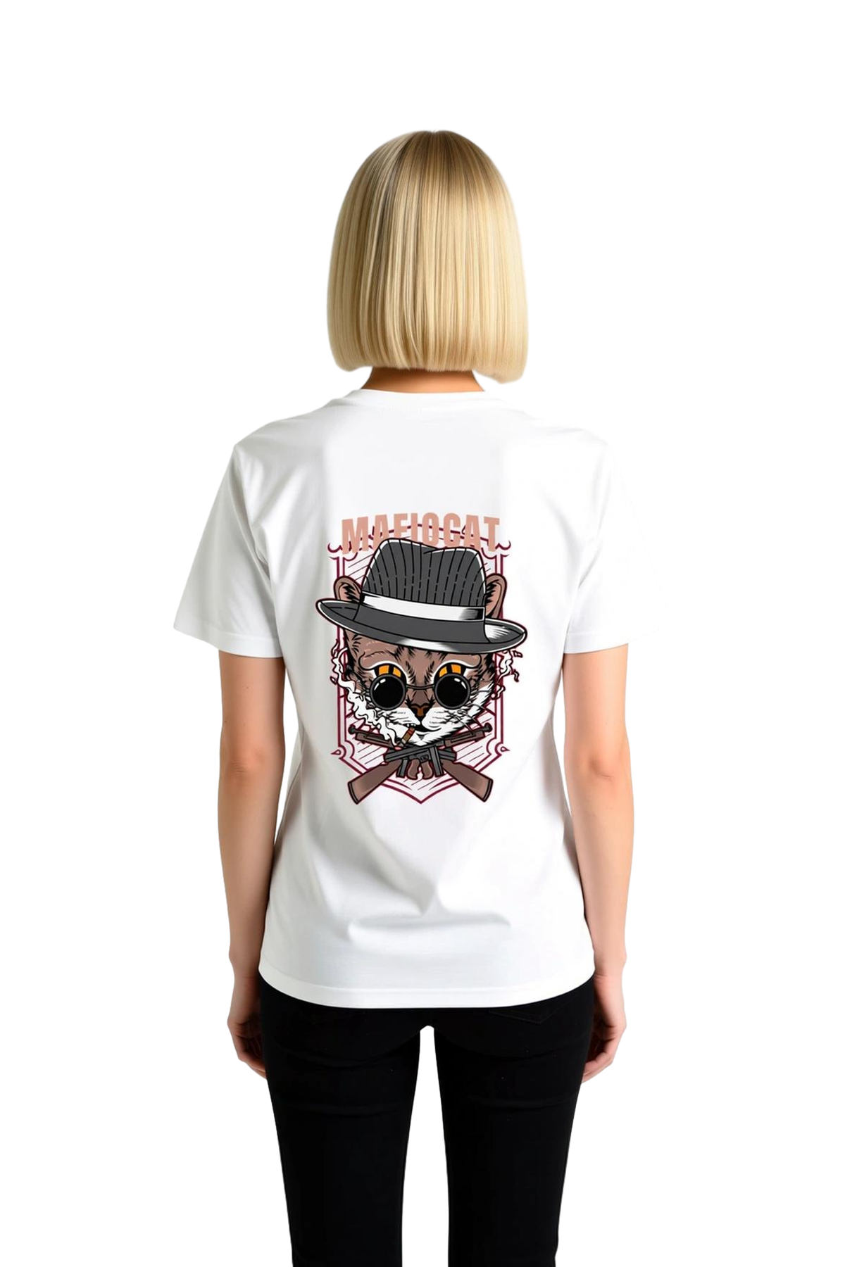 Kadın Retro Gangster Kedisi Baskılı Tişört Vintage Mafya Teması Dijital Baskı Konforlu Günlük Rahat