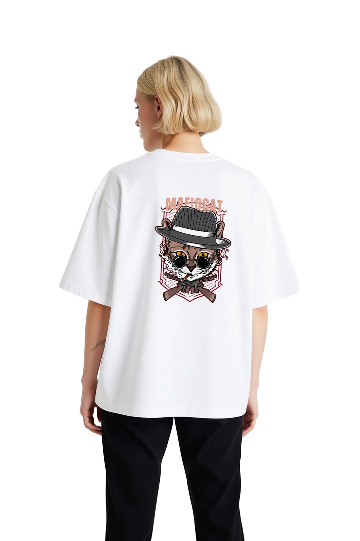 Mafia Kedisi Retro Tasarımı Baskılı Kadın Oversize Tişört