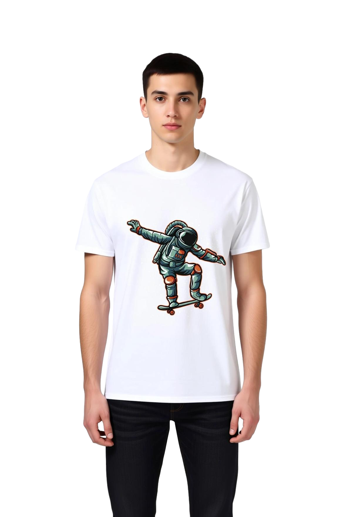 Erkek Kaykaylı Astronot Baskılı Tişört Aksentli Uzay Teması Rahat Kesim Günlük Modern Şık Konforlu