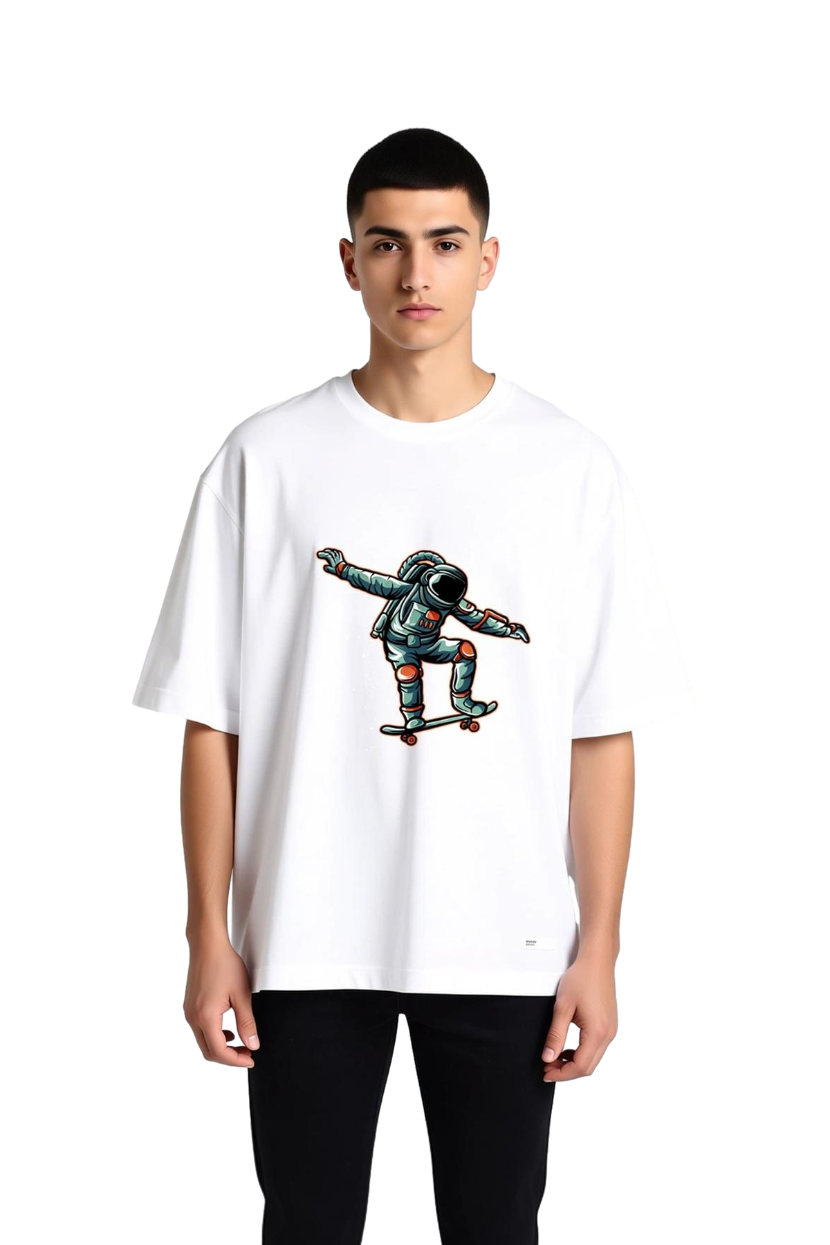 Erkek Oversize Tişört Kaykaylı Astronot Baskı Uzay Teması Aksentli Rahat Kesim Günlük Modern Şık