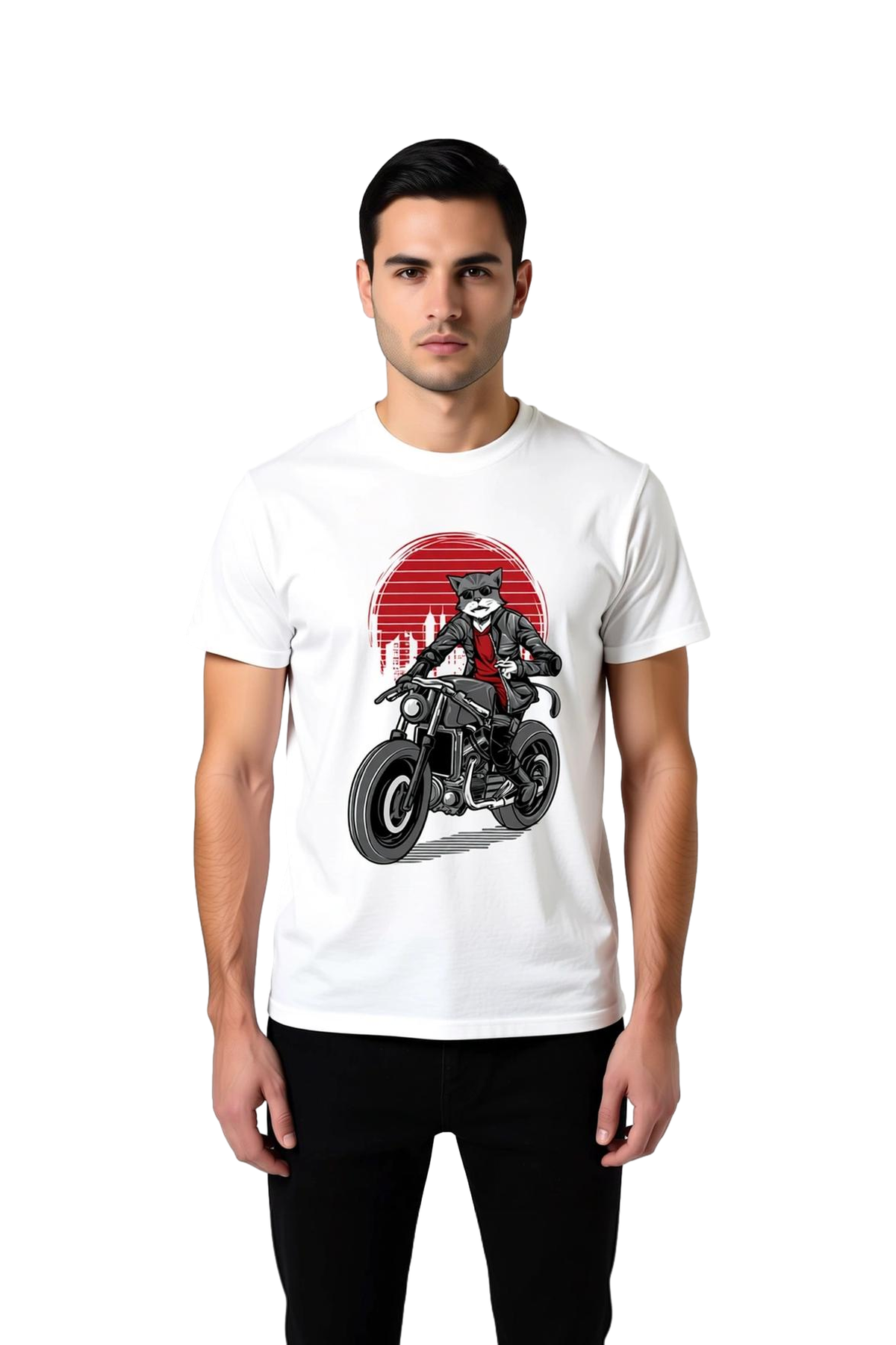 Erkek Motorsiklet Temalı Baskılı Tişört Güneşlük Kedi Grafik Şehir Ufuklu Rahat Kesim Günlük Modern