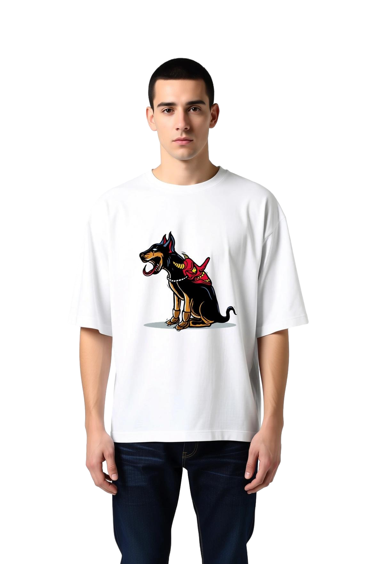 Erkek Oversize Tişört Kafatası Maskeli Döberman Köpek Baskısı Rahat Kesim Günlük Giyim Modern Şık