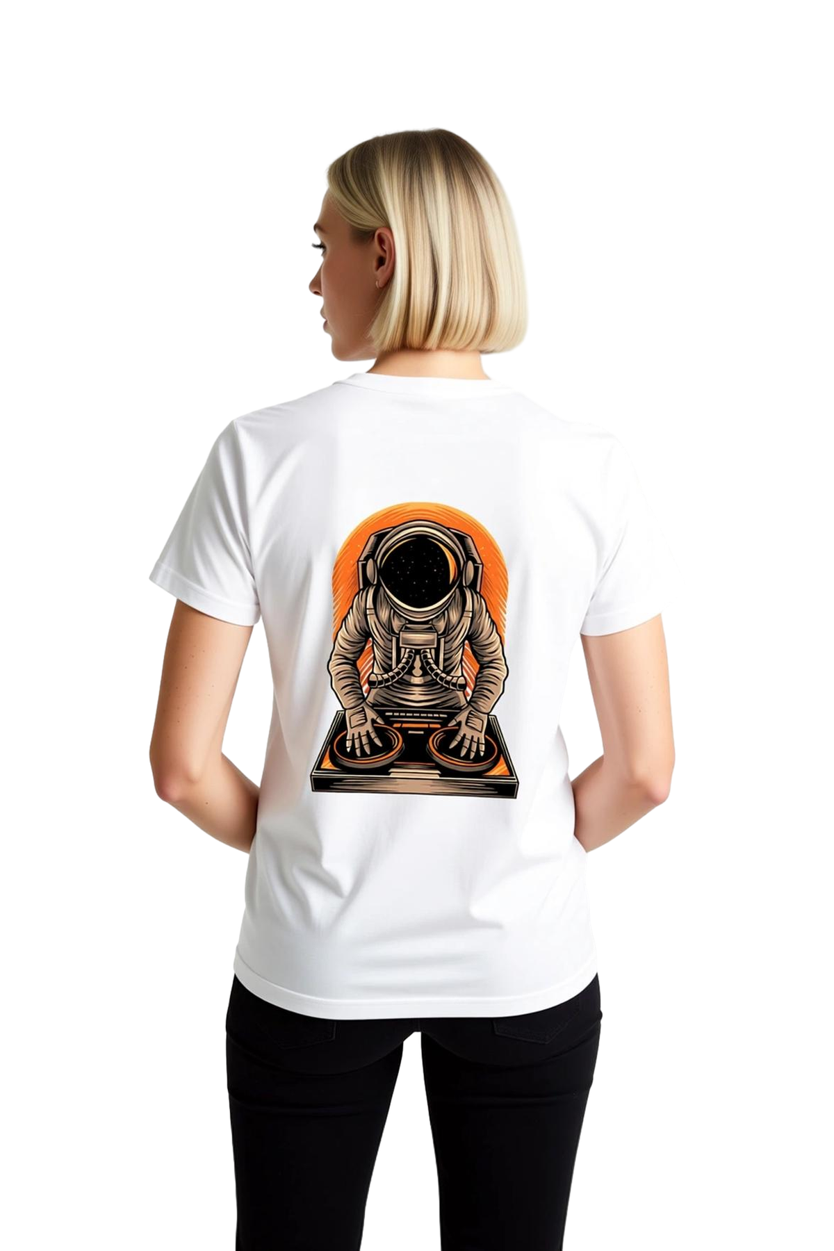 Kadın Grafik Baskılı Astronot DJ Konsolu Tişört %100 Pamuk Rahat Kesim Kısa Kol Yuvarlak Yaka Günlük