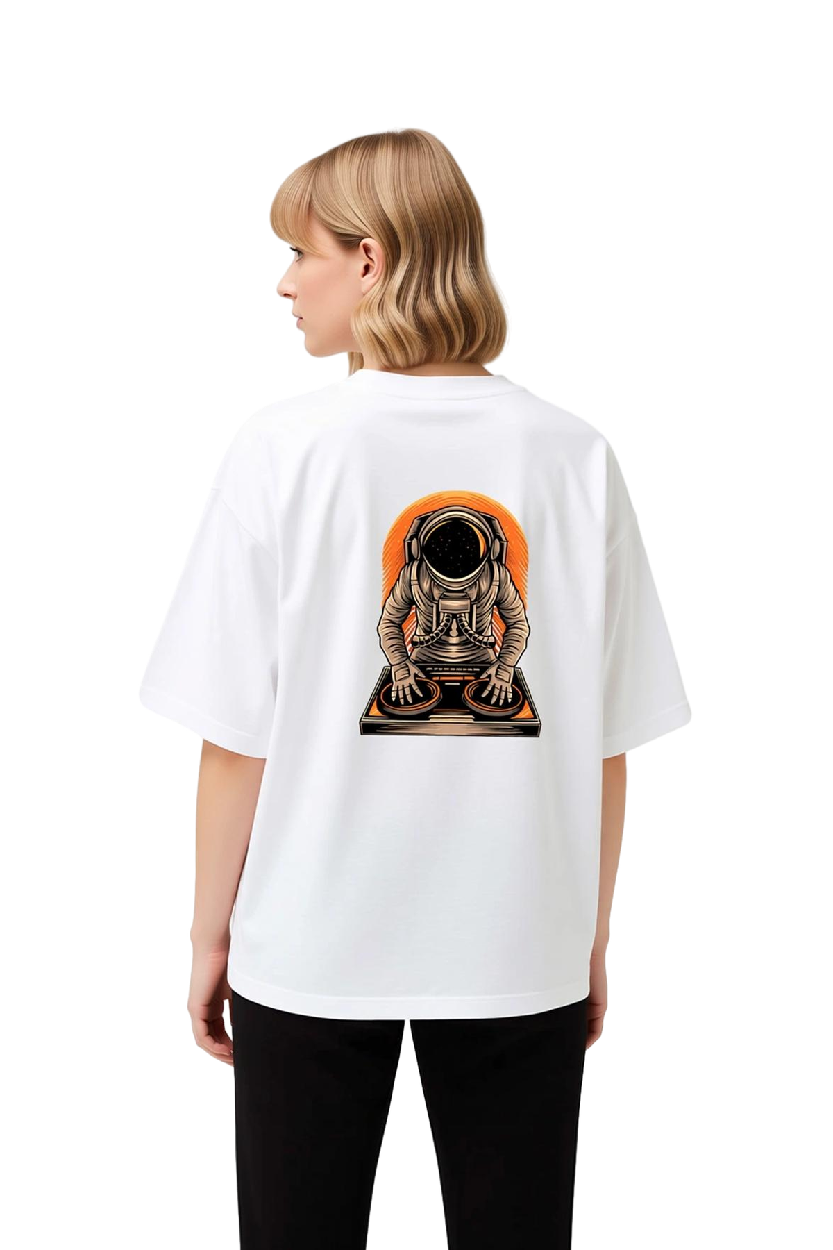 Kadın Oversize Grafik Baskılı Tişört Astronot DJ Turntable Müzik Uzay Teması Rahat Kesim Günlük