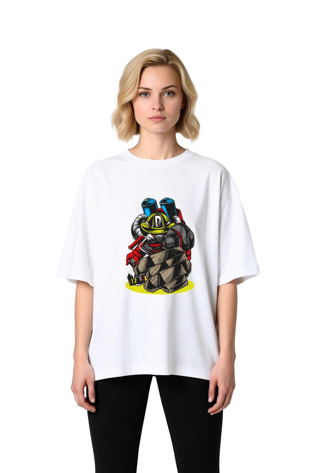 İtfaiye Tasarımı Retro Stil Baskılı Kadın Oversize Tişört