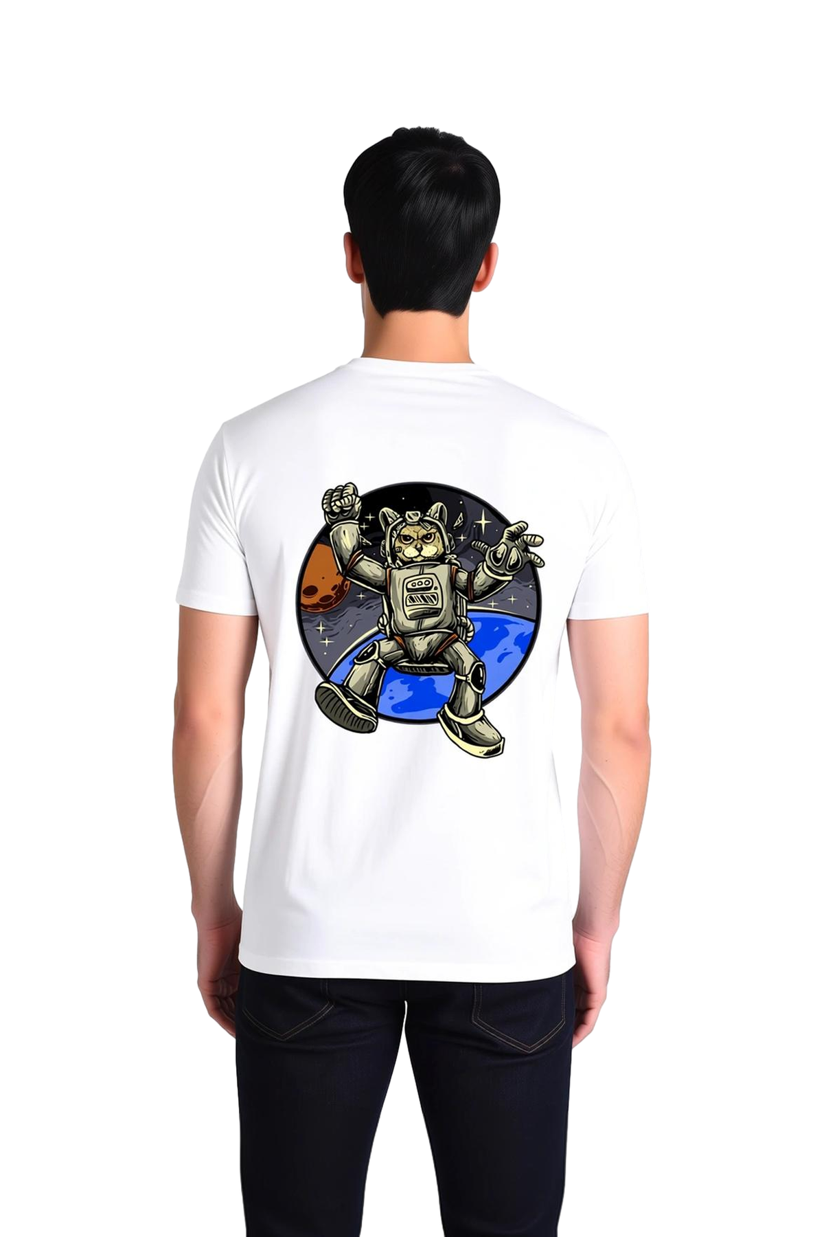 Erkek Astronot Kedi Baskılı Kısa Kollu Tişört Uzay Temalı Grafik Desenli Rahat Kesim Günlük Modern