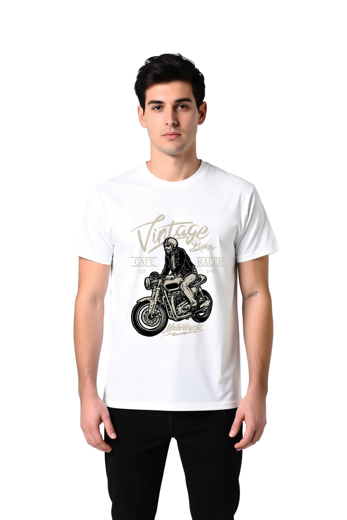 Erkek Vintage Cafe Racer Motosiklet Baskılı Pamuk Tişört Klasik Kesim Kısa Kollu Rahat Günlük Modern