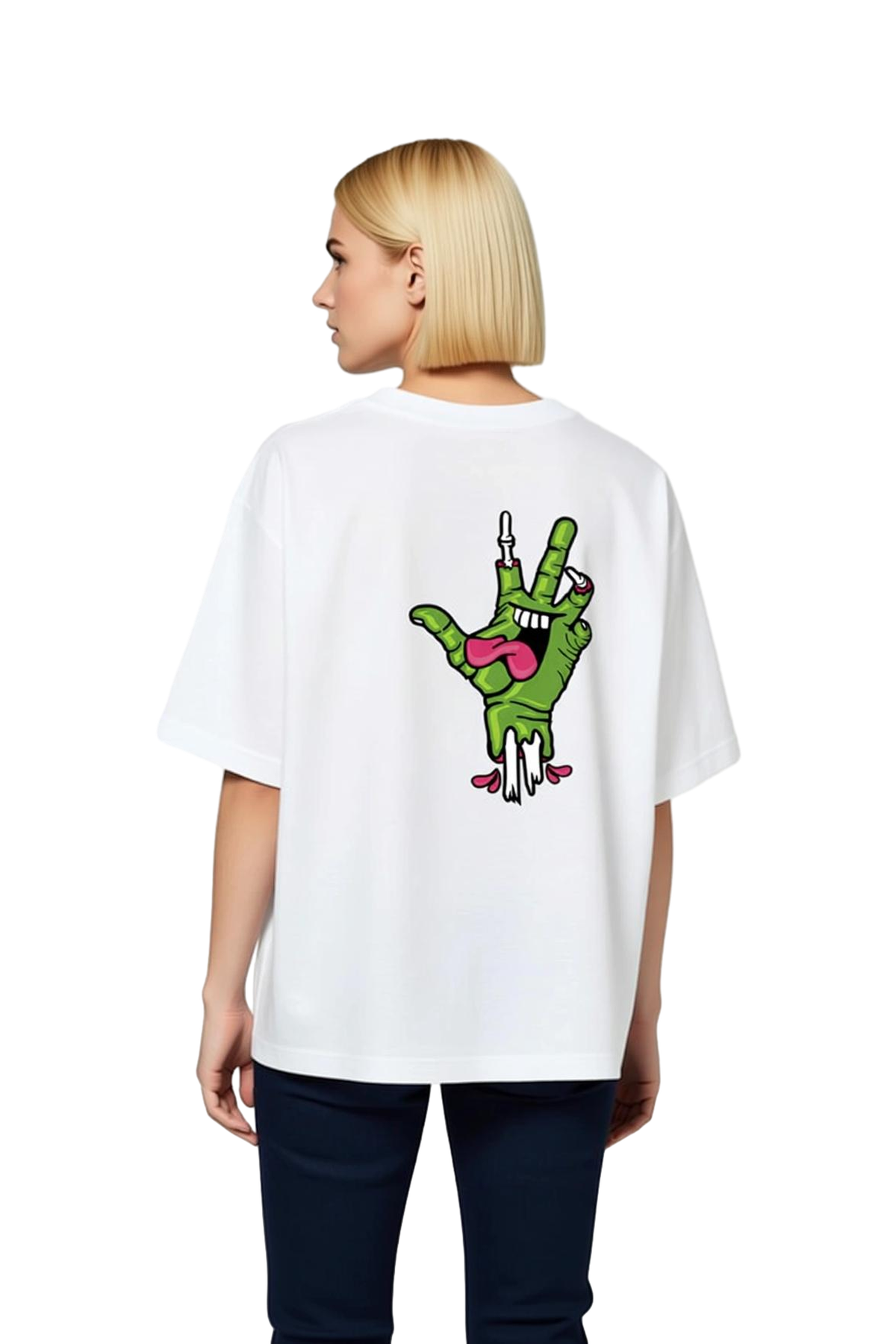 Yeşil Diş Elli Cartoon Baskılı Kadın Oversize Tişört