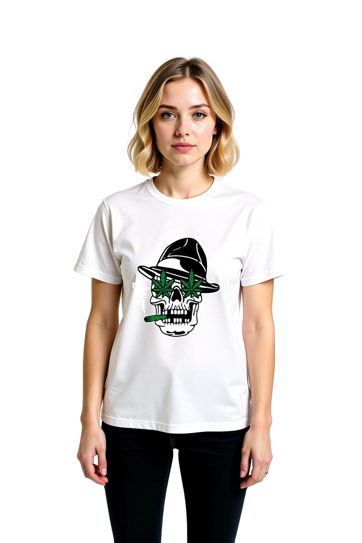 Fedora Kafası Cannabis Motifi Baskılı Kadın Tişört