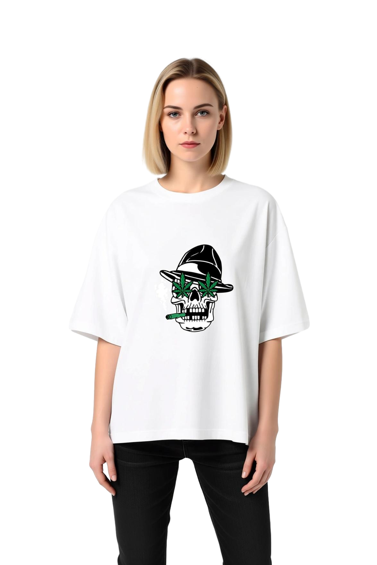 Fedora Kafası Cannabis Motifi Baskılı Kadın Oversize Tişört