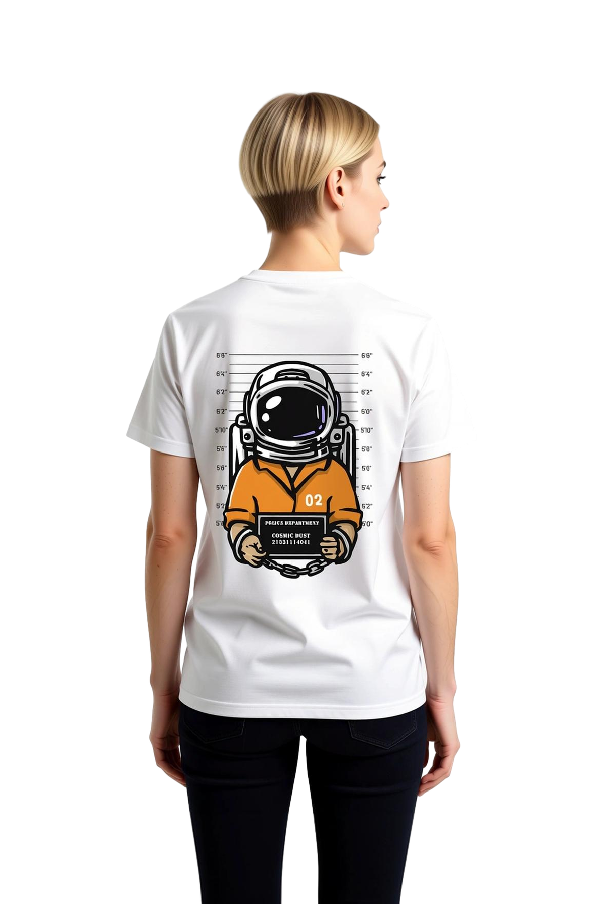 Kadın Retro Uzay Temalı Baskılı Kısa Kollu Tişört Astronot Polis Desen Konforlu Kesim Günlük Rahat