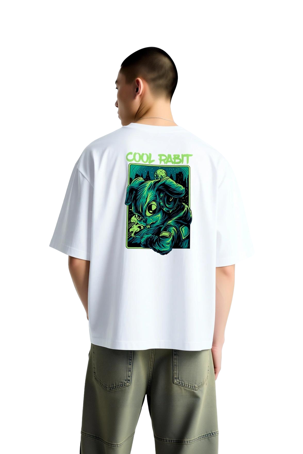 Erkek Oversize Tişört %100 Pamuk Crew Neck Kısa Kol Karikatür Tavşan Baskılı Rahat Kesim Günlük