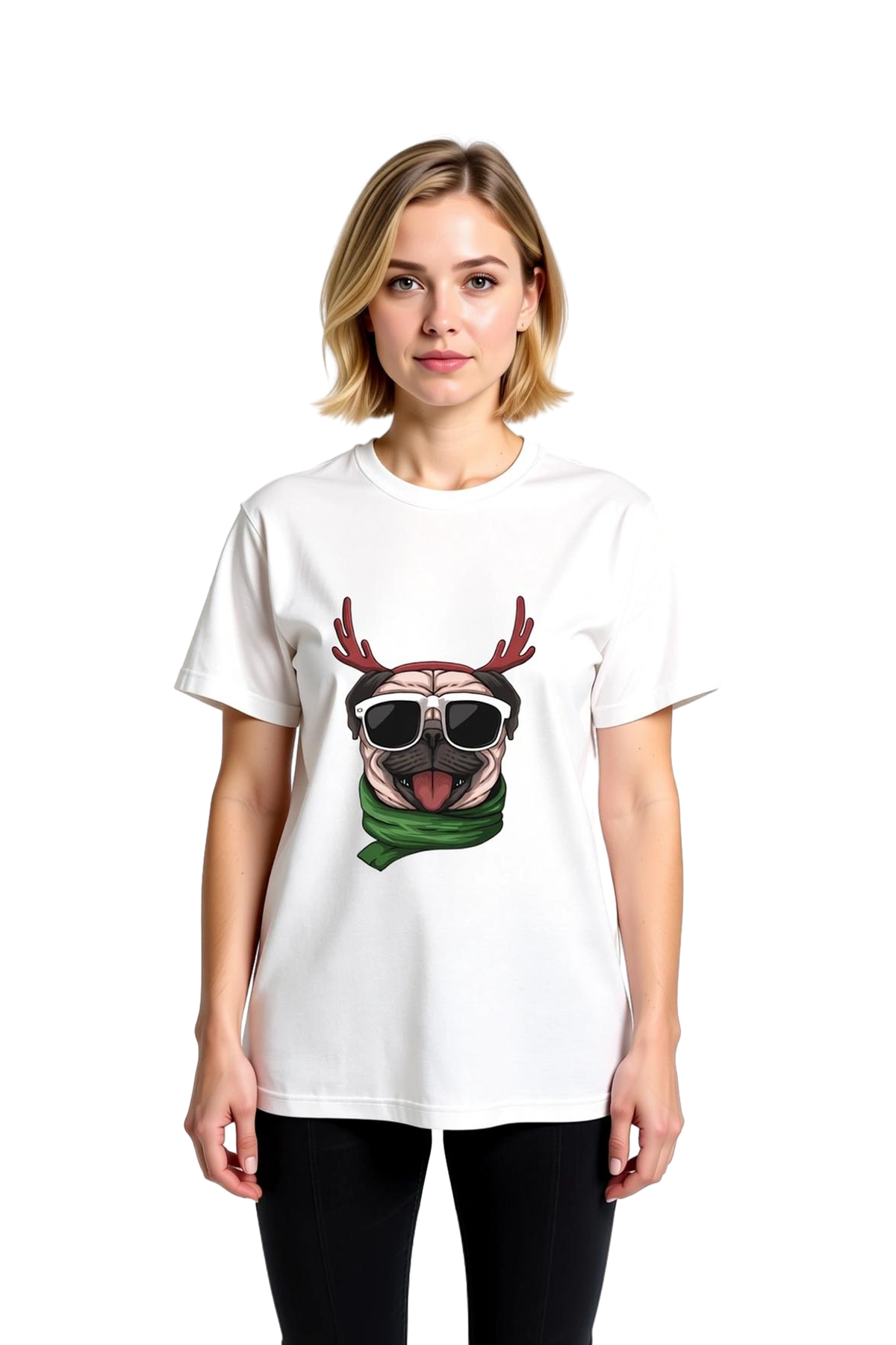 Kadın Grafik Baskılı Gözlüklü Pug Boynuzlu Ren Geyiği Atkılı Rahat Kesim Pamuk Tişört Günlük Modern