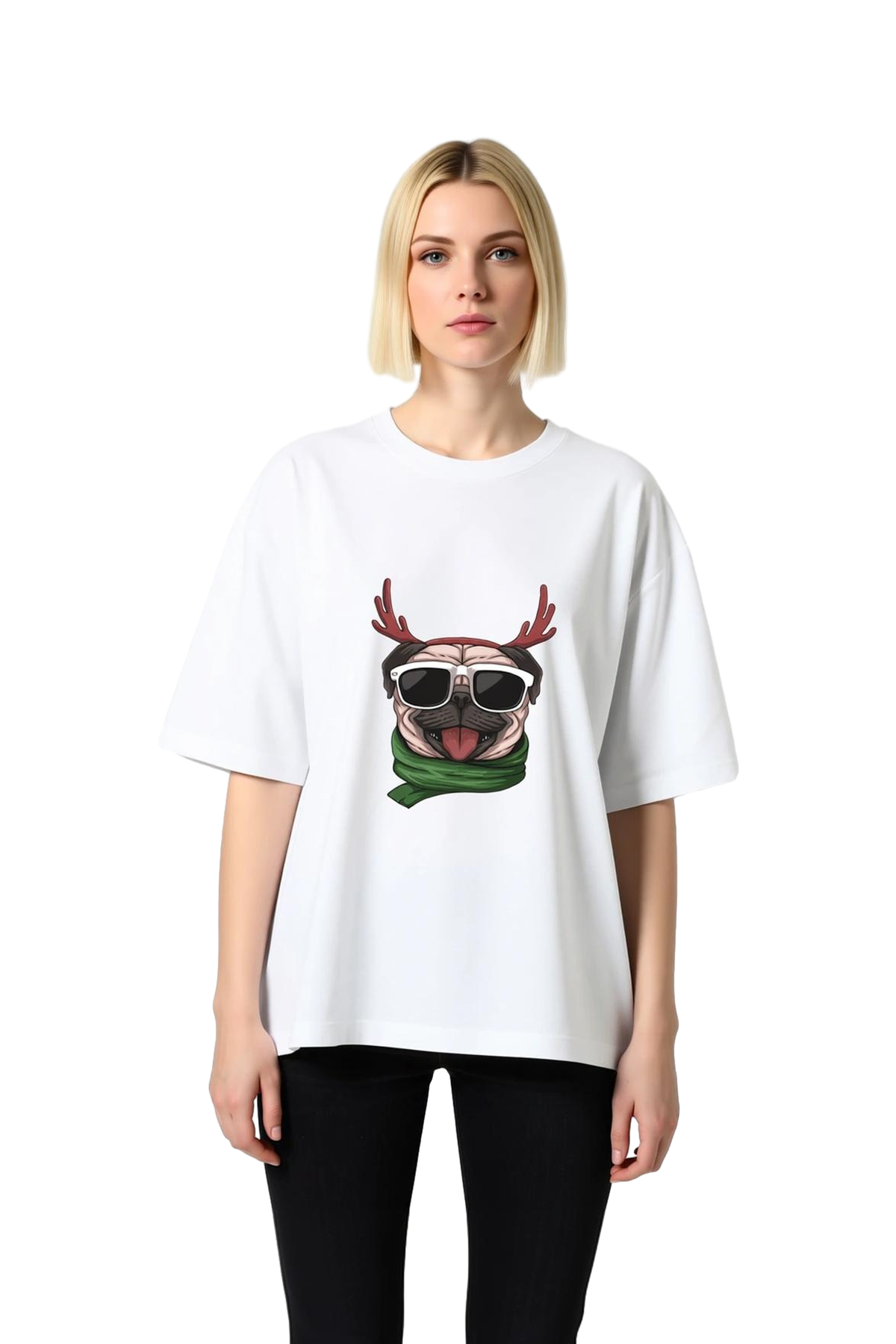 Kadın Oversize Tişört %100 Pamuk Gözlüklü Pug Ren Geyiği Boynuzu Baskılı Rahat Kesim Günlük Modern
