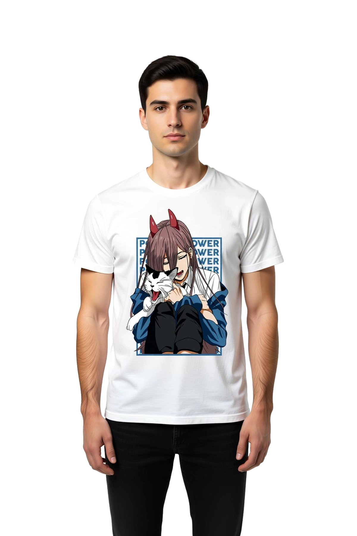 Erkek Anime Karakter Kedili Baskılı Kısa Kollu Tişört Boynuzlu Kız Tasarımı Rahat Kesim Günlük Şık