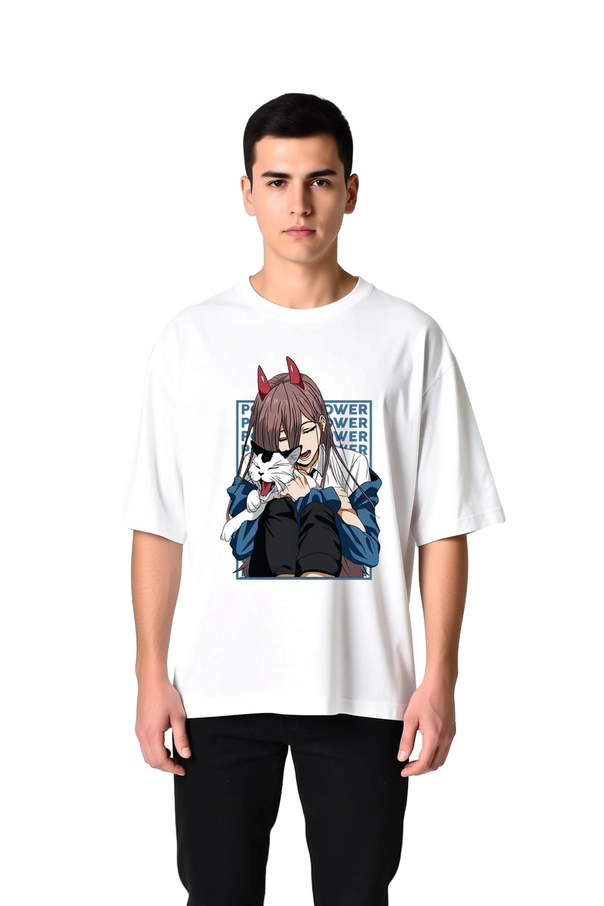 Erkek Oversize Anime Baskılı Tişört Boynuzlu Karakter Kedi Sevenlere Özel DTF Baskı Günlük Rahat