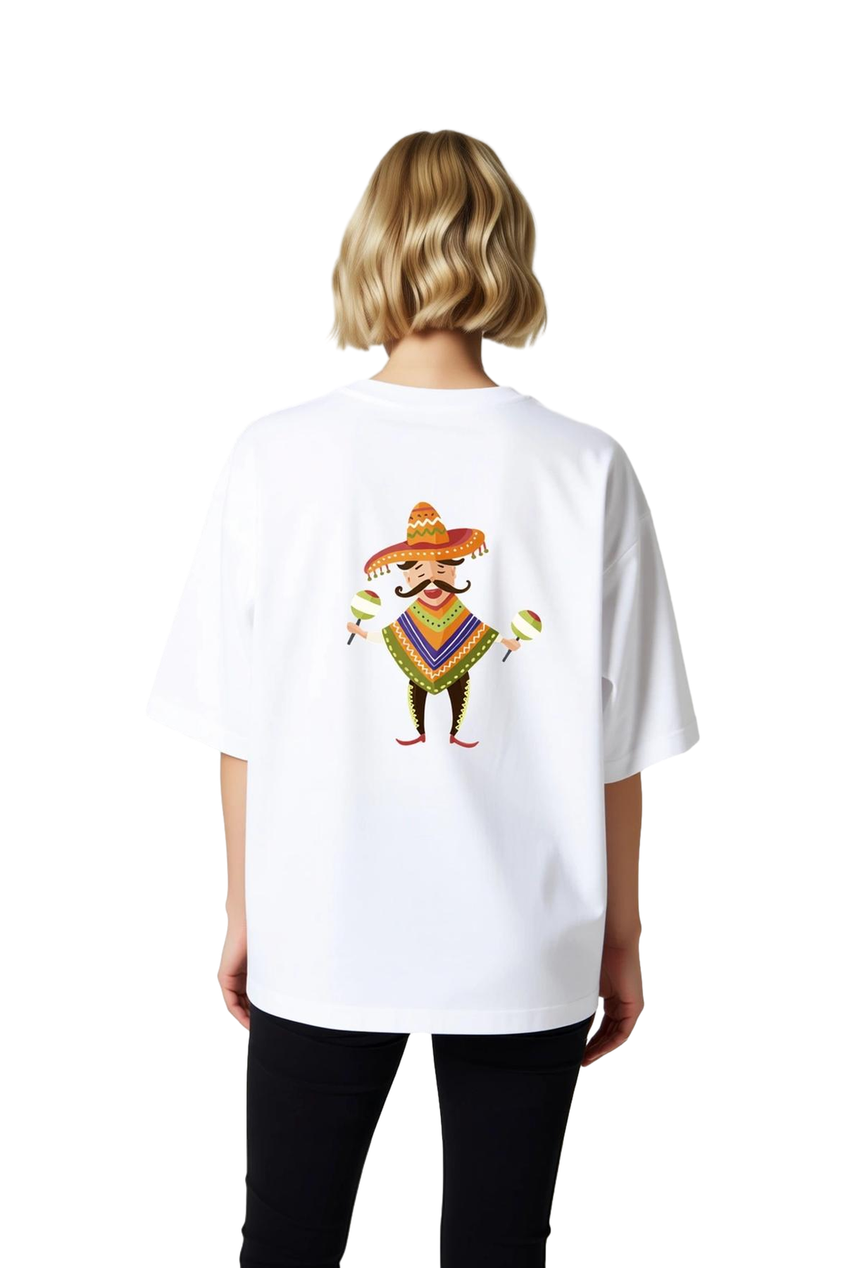 Sombrero Takan Müzisyen Vektör Sanatı Baskılı Kadın Oversize Tişört
