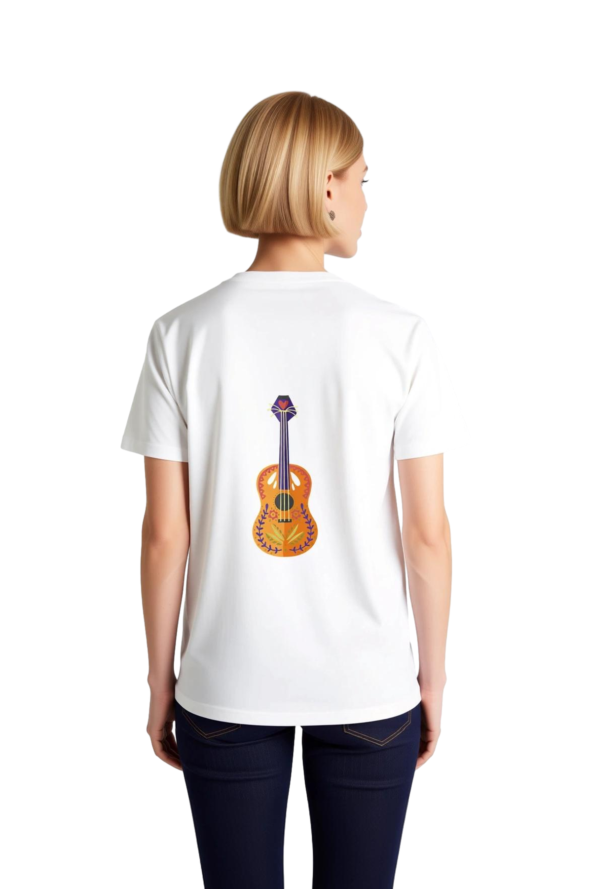 Kadın Müzik Temalı Gitar Baskılı Rahat Kesim Kısa Kollu Tişört Çiçek Motifli Günlük Modern Şık Zarif