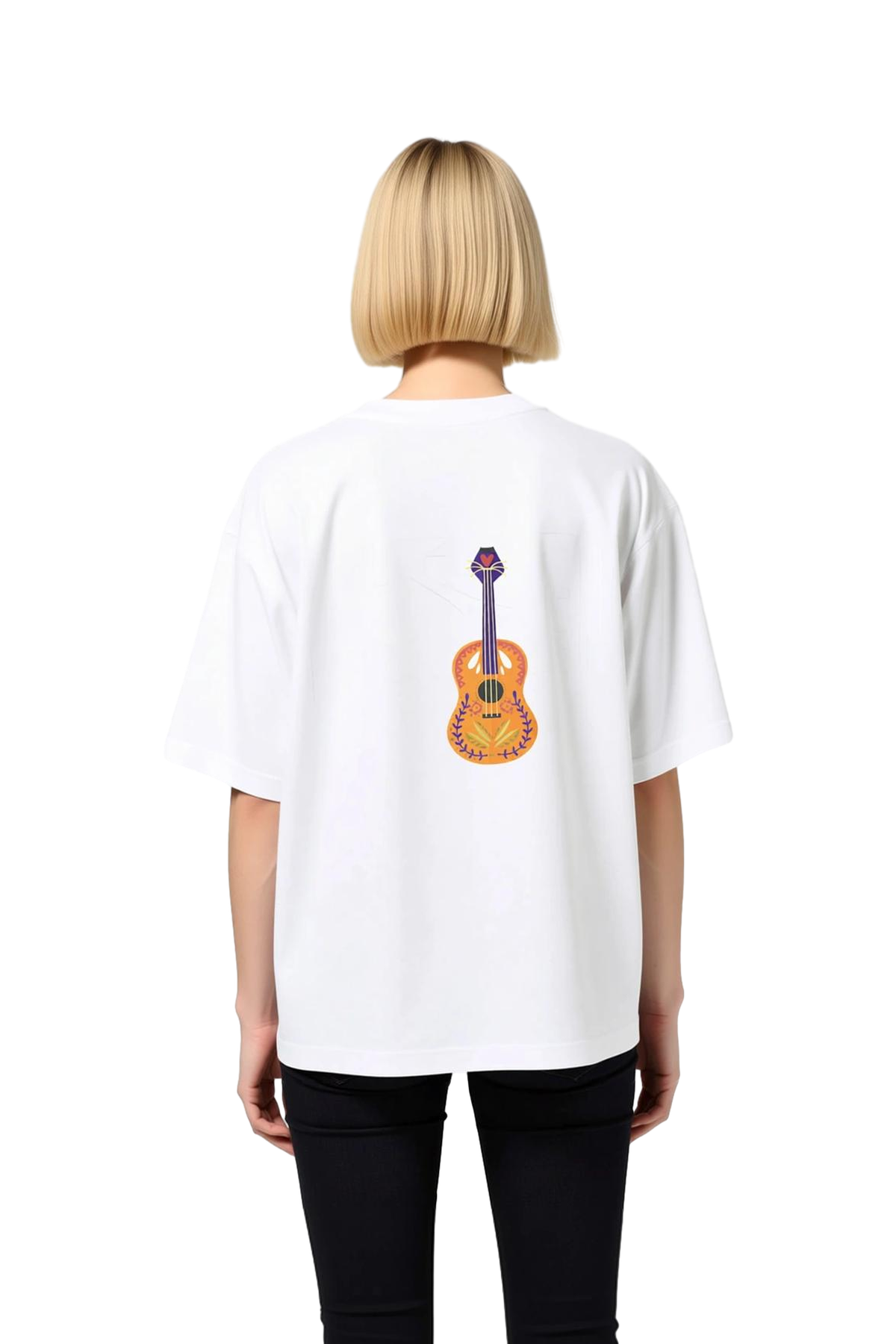 Kadın Oversize Tişört Müzik Temalı Gitar Baskısı Çiçek Geometrik Desen Rahat Kesim Günlük Modern