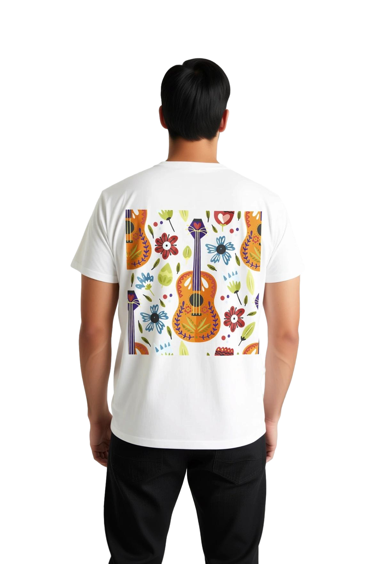 Erkek Müzik Temalı Gitar Baskılı Tişört Çiçek Motifi Sanat Desenli Rahat Kesim Günlük Modern Şık