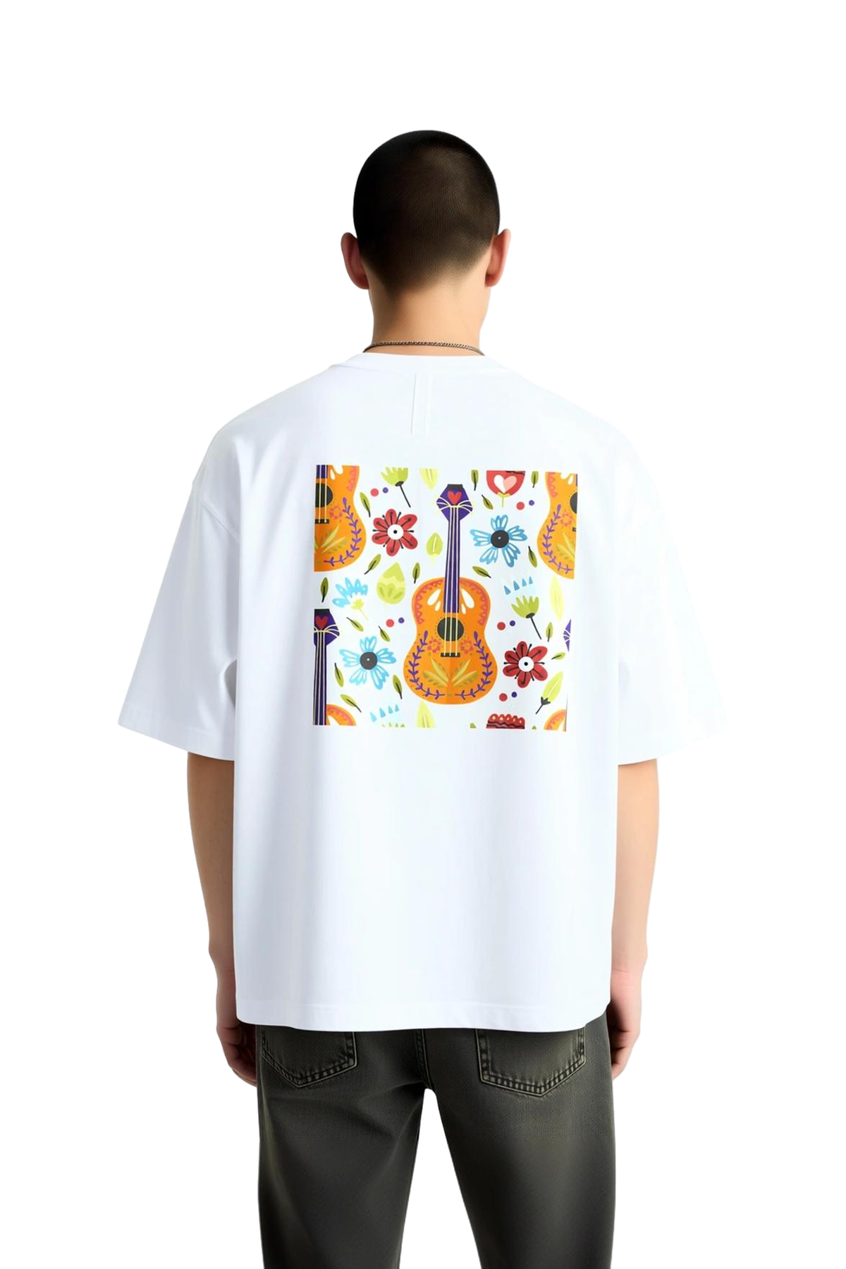 Erkek Oversize Tişört Müzik Temalı Gitar Çiçek Desen Baskılı Rahat Kesim Günlük Giyim Modern Şık