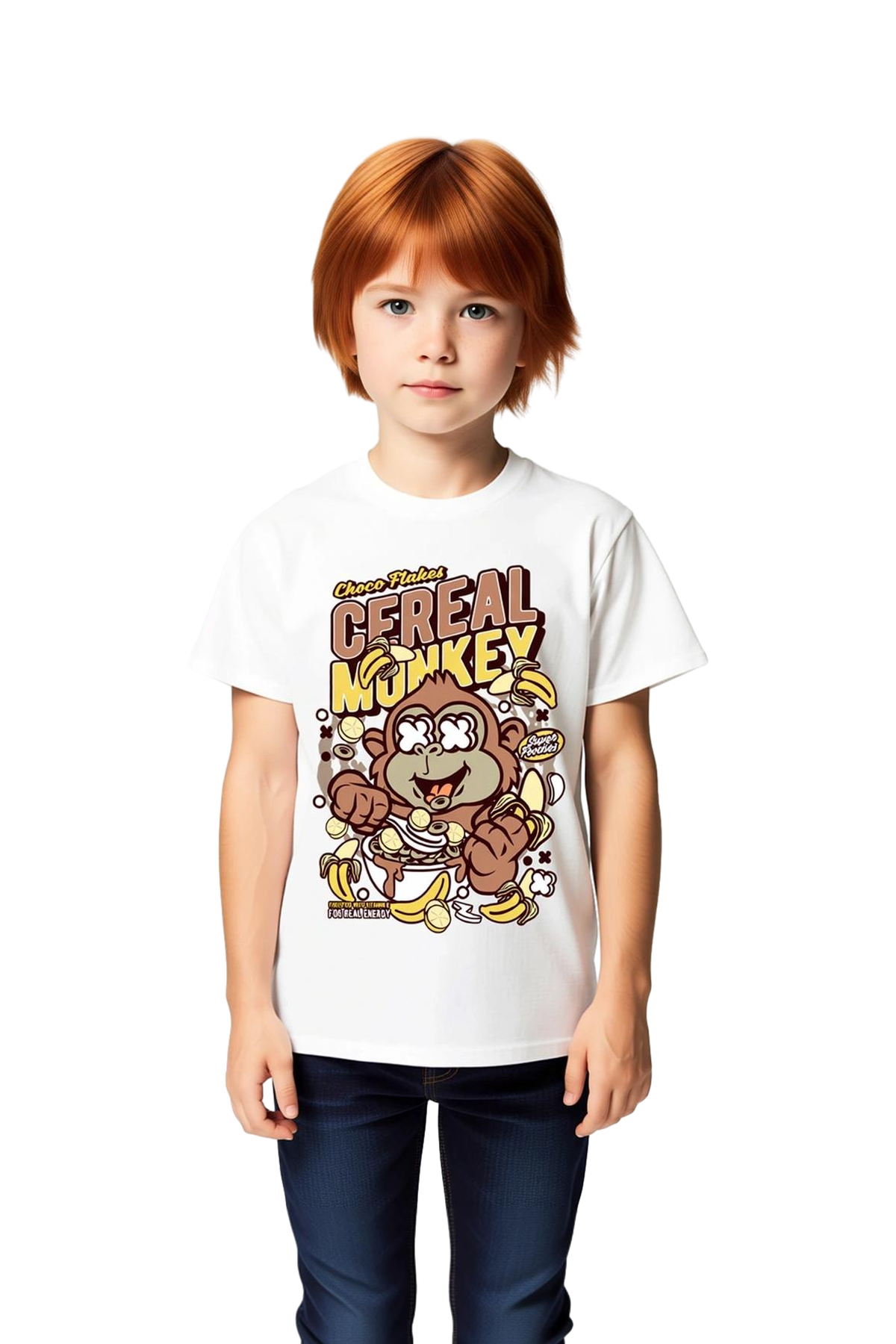 Çocuk Retro Tahıl Kutusu Maymun Maskot Baskılı Grafik Tişört Pamuklu Konforlu Günlük Rahat Modern