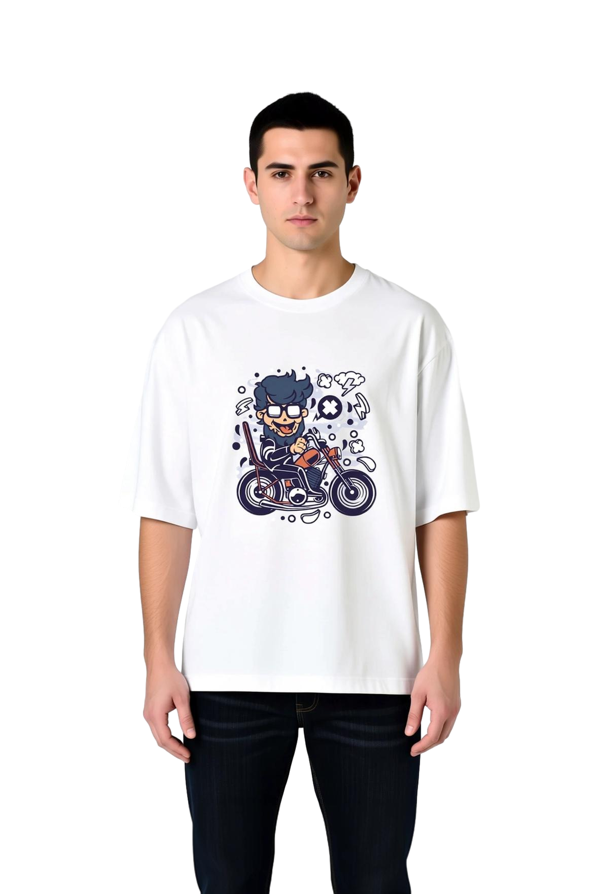 Karikatür Adam Motosiklet Çizgi Sanatı Baskılı Erkek Oversize Tişört