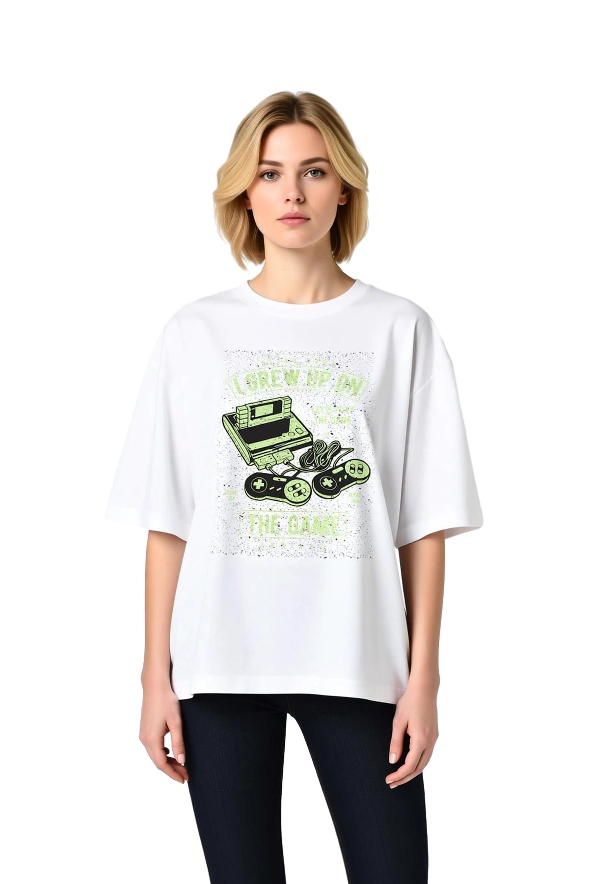 Retro Oyun Nostaljisi Baskılı Kadın Oversize Tişört