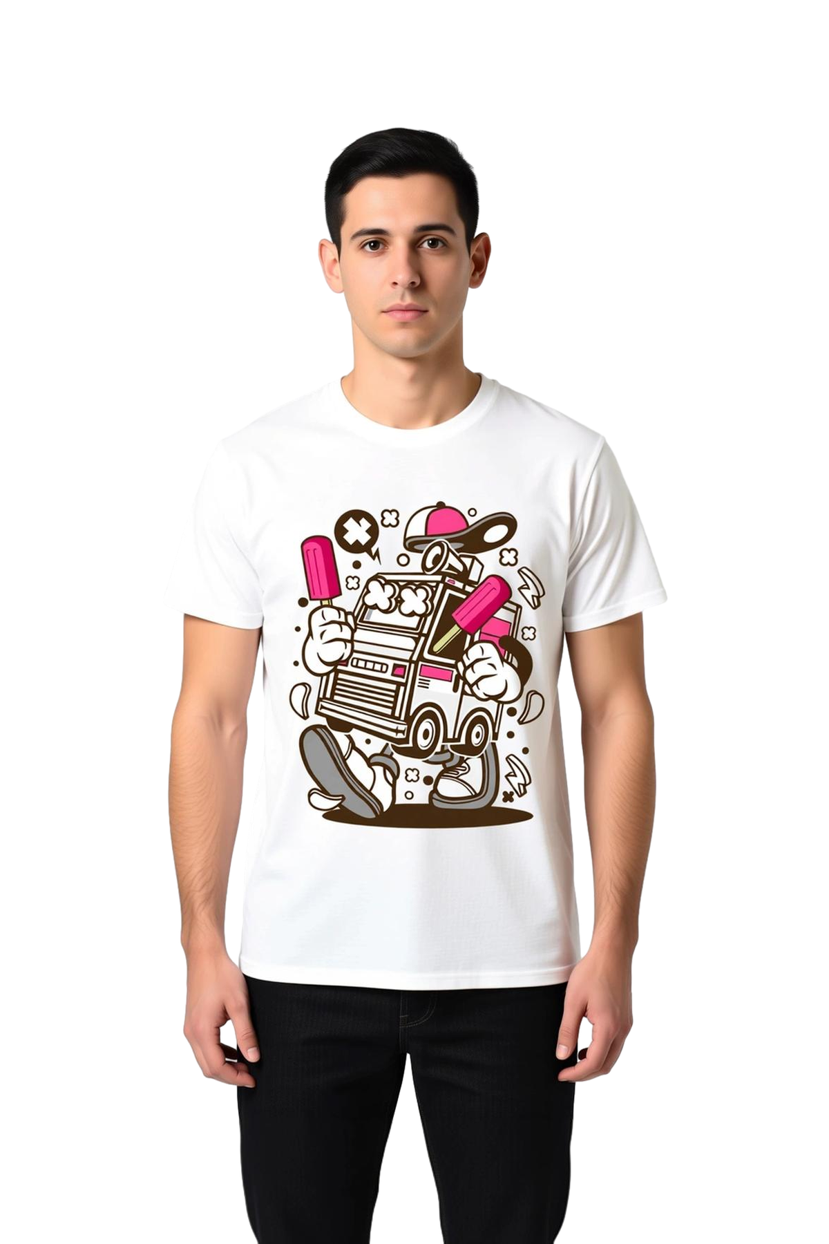 Erkek Dondurma Kolu Retro Robot Baskılı Tişört %100 Pamuk Rahat Kesim Günlük Giyim Modern Şık Zarif