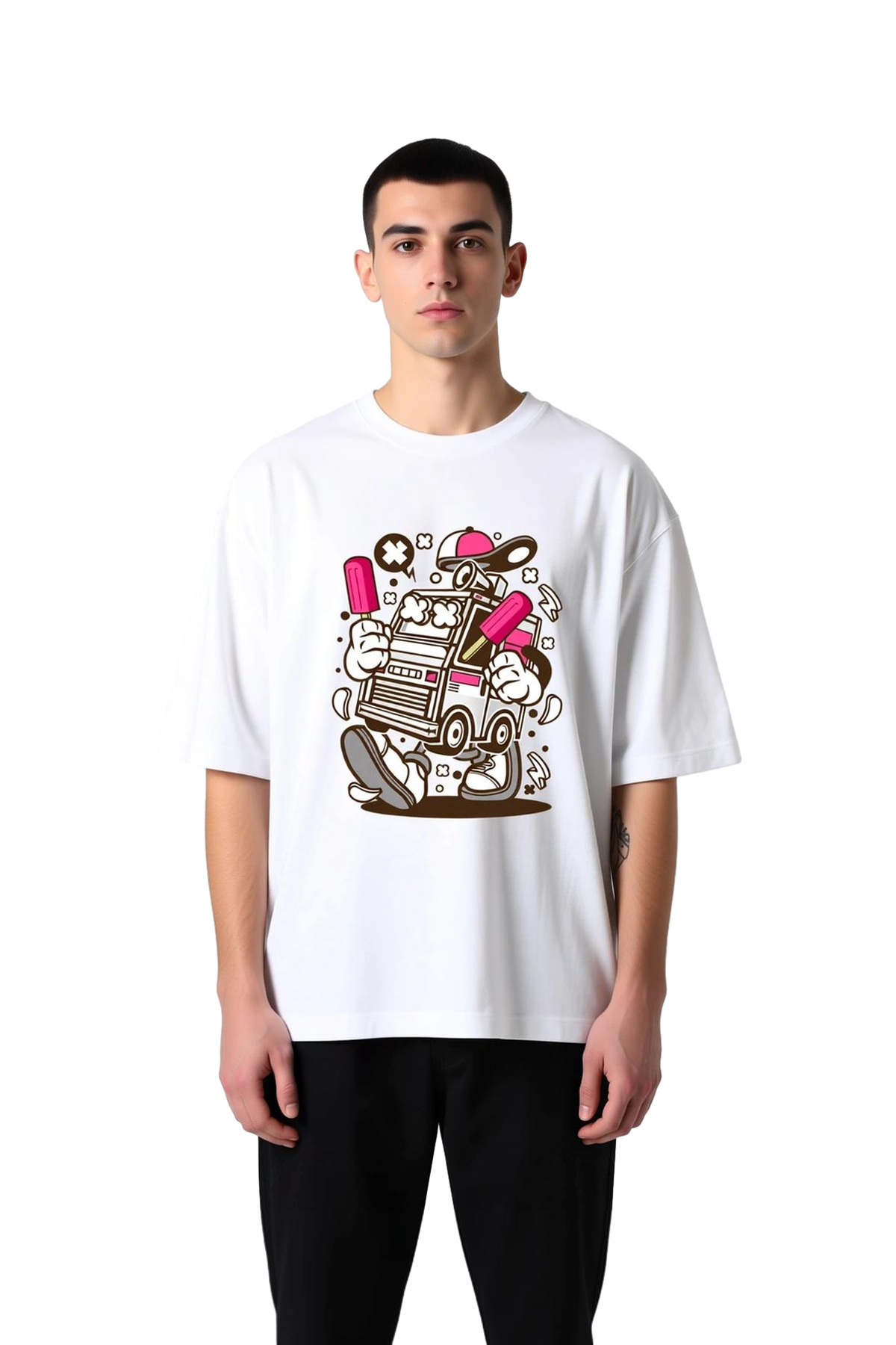 Dondurma Kollu Retro Robot Baskılı Erkek Oversize Tişört