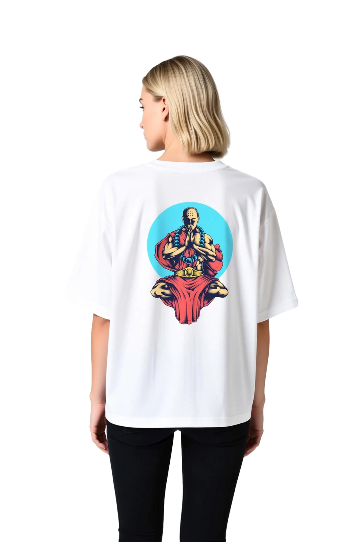 Kadın Oversize Meditasyon Figürü Baskılı Tişört %100 Pamuk Rahat Kesim Manevi Tasarım Günlük Modern