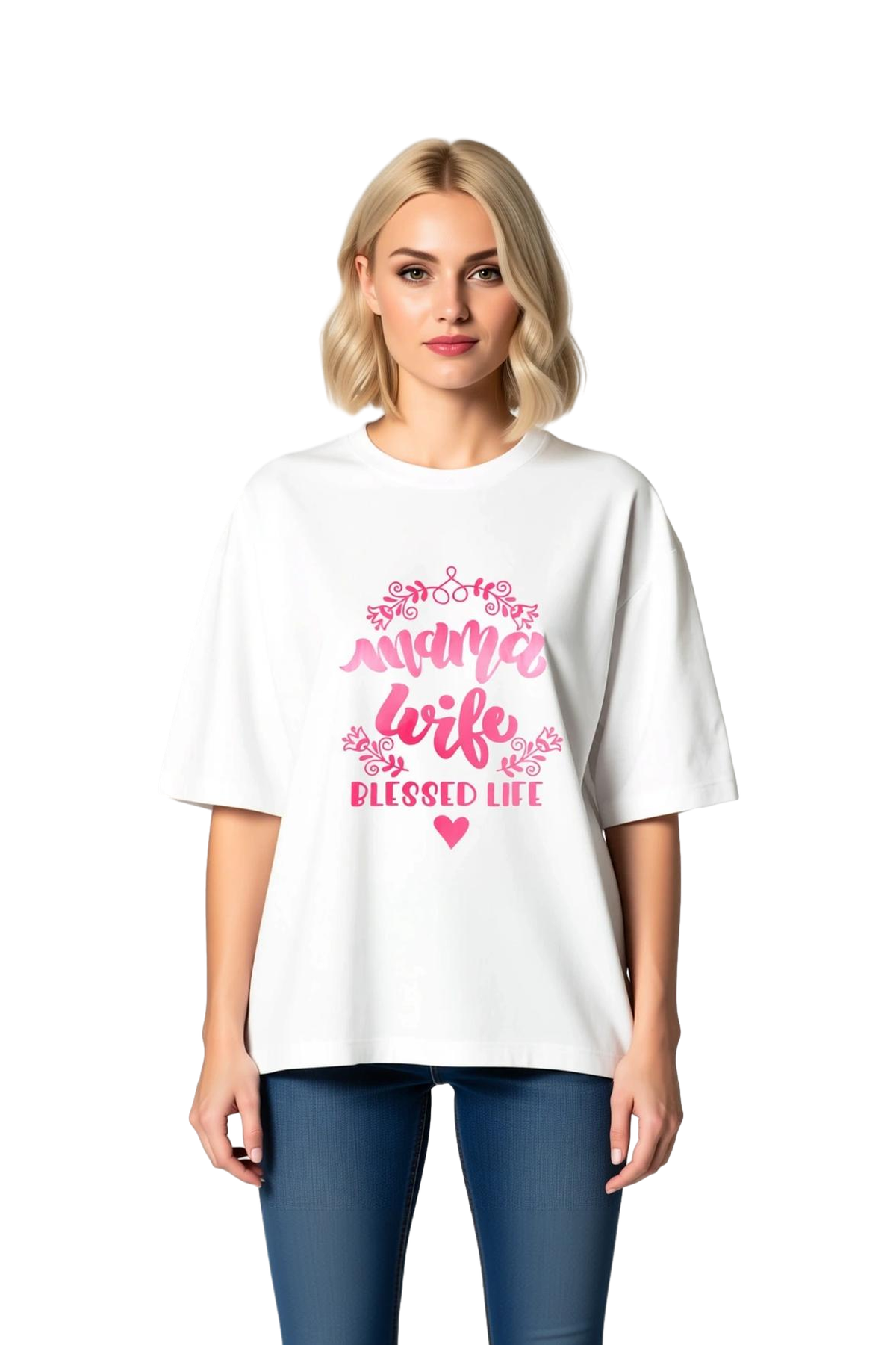 Kadın Oversize Mama Wife Blessed Life Baskılı Tişört Dekoratif Yaka Kısa Kol Rahat Kesim Günlük