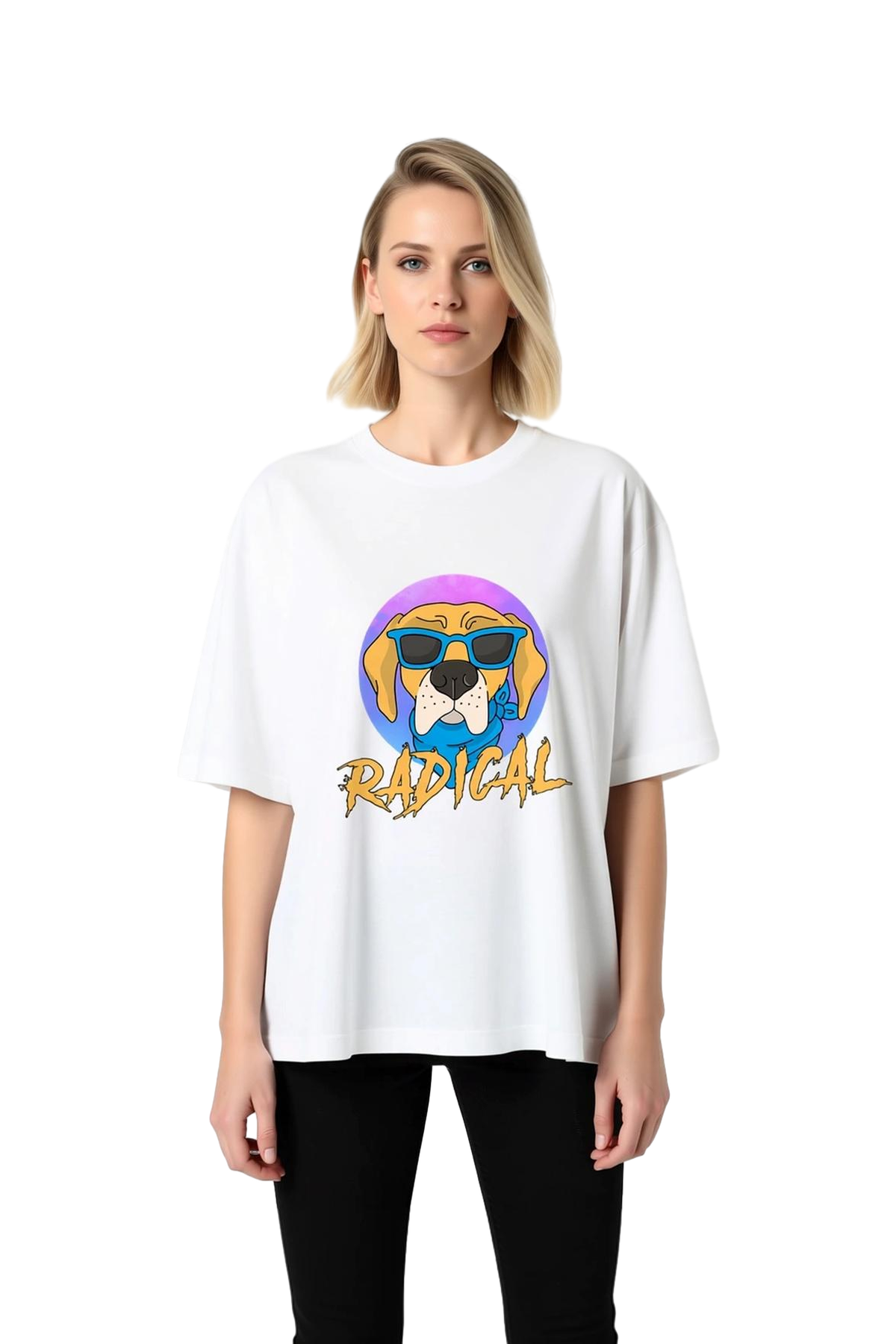 Kadın Oversize Grafik Baskılı Tişört Köpek Motifli Retro Sanat Stili Rahat Kesim Günlük Giyim Modern