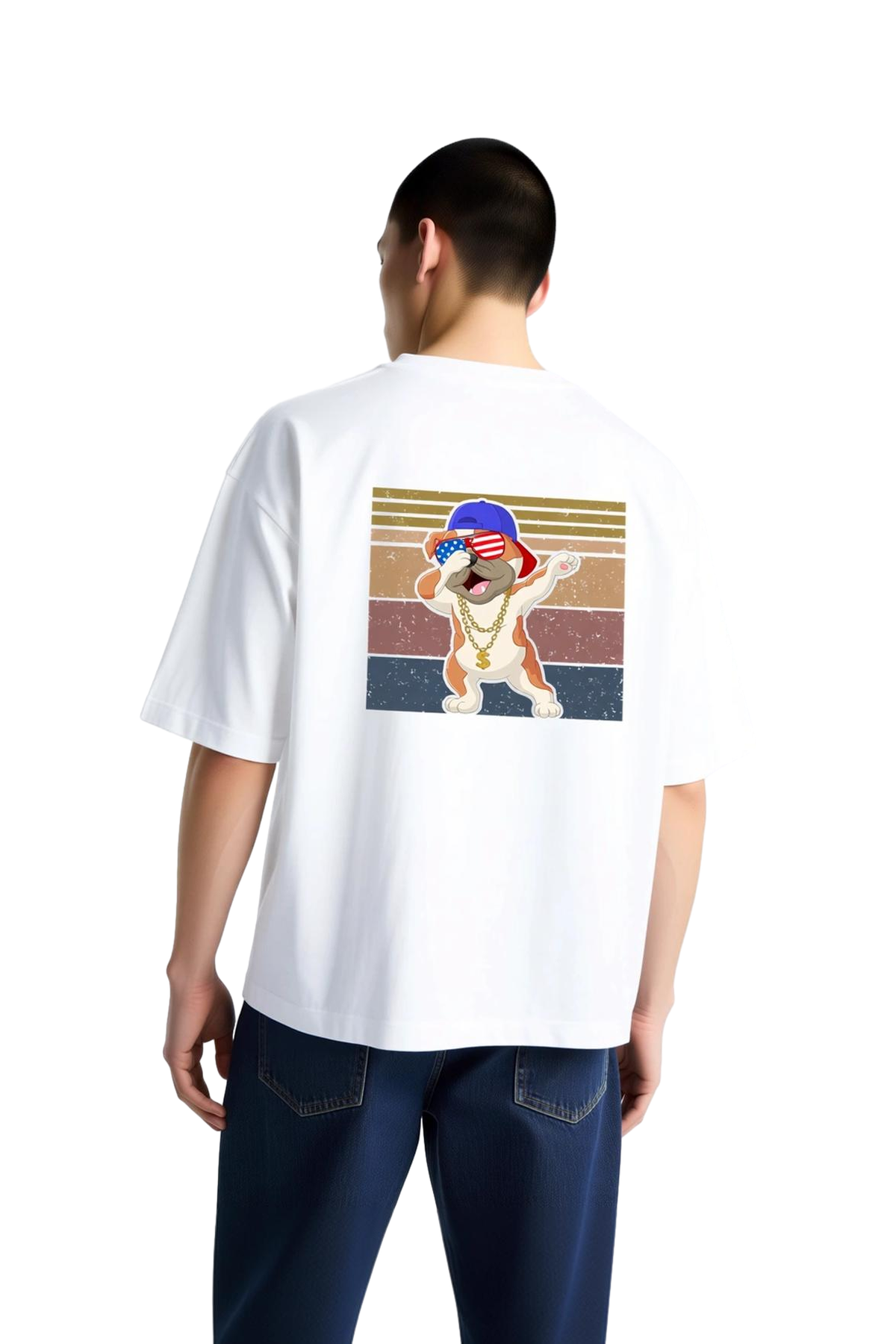 Erkek Oversize Tişört Komik Bulldogu Patriot Güneş Gözlüğü Altın Zincir Baskılı Rahat Günlük Modern