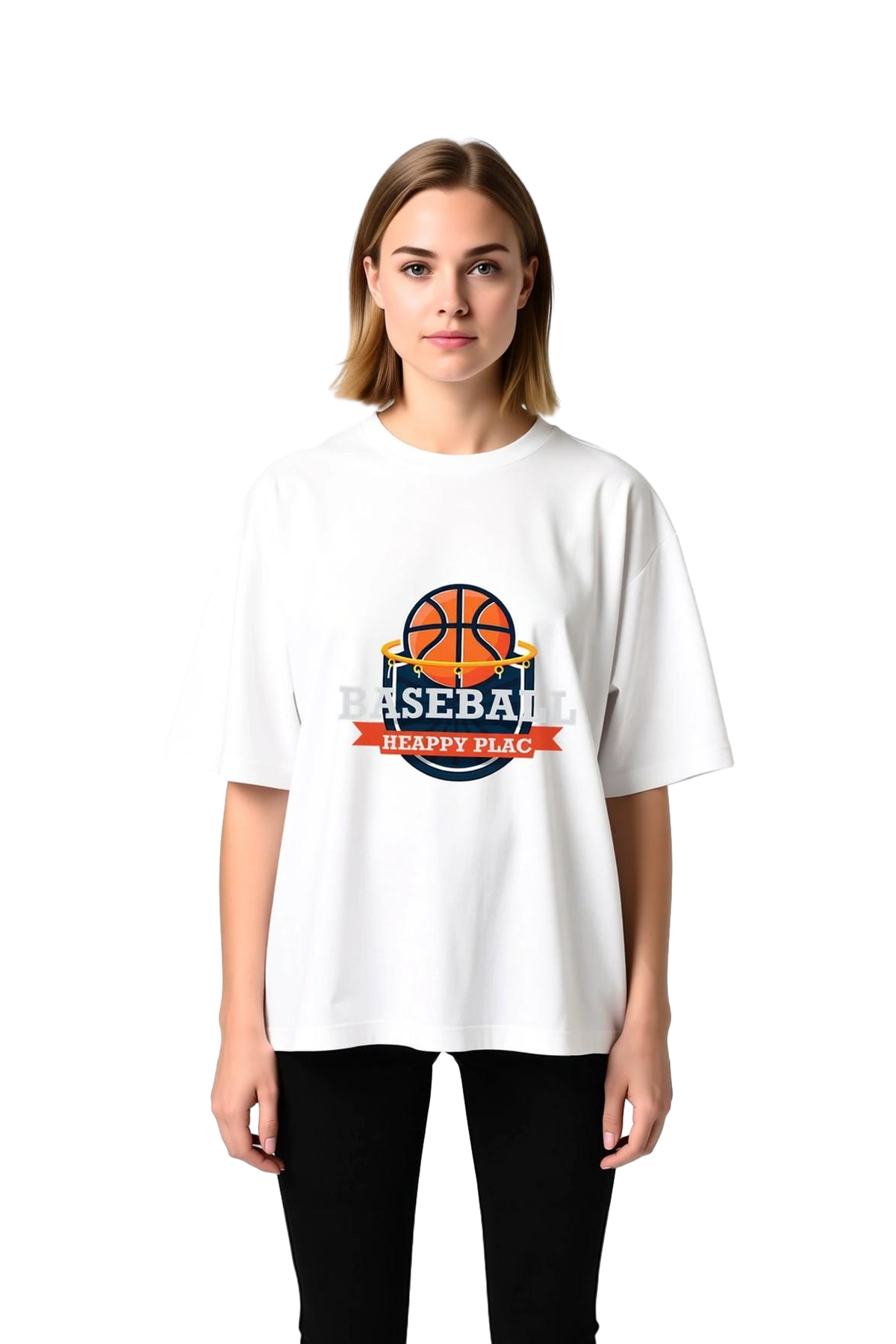 Kadın Oversize Basketbol Baskılı Kısa Kollu Tişört Mutlu Yeri Yazılı Günlük Rahat Kesim Modern Şık