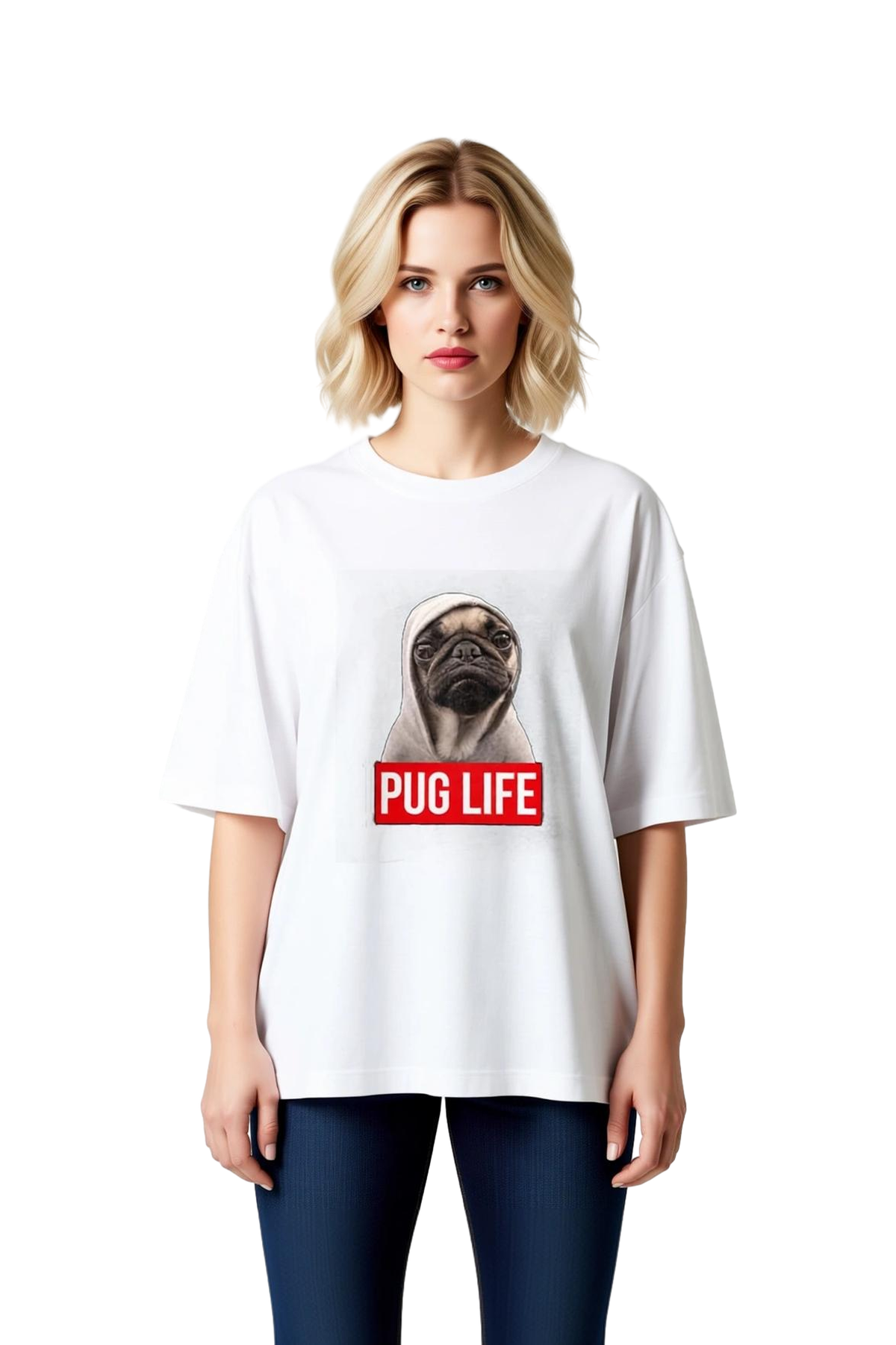 Kadın Oversize Tişört Pug Baskılı Rahat Kesim Günlük Giyim Komik Köpek Tasarımı Modern Şık Konforlu