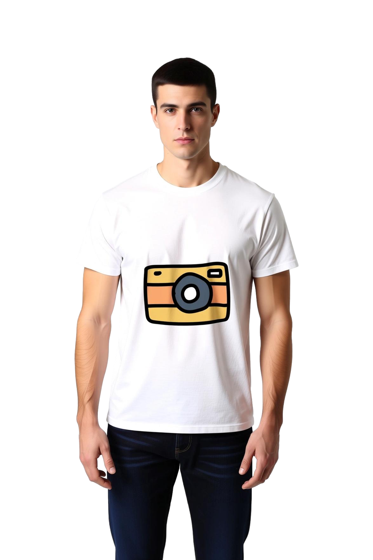 Sarı Fotoğraf Makinesi Illüstrasyonu Baskılı Erkek Tişört